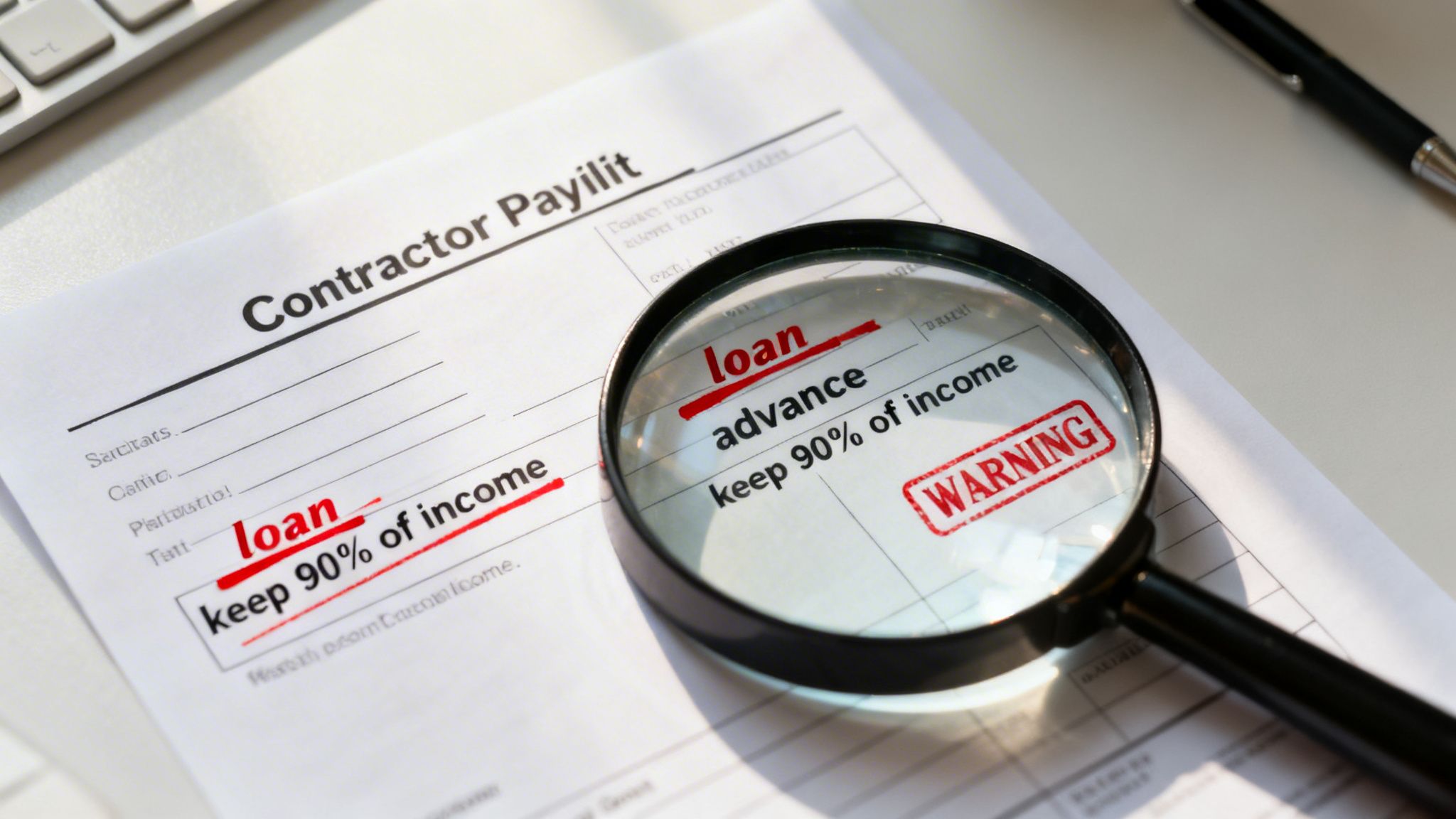 A magnifying glass on a contractor pay slip highlights terms 'loan', 'advance', 'keep 90% of income', and a 'WARNING' stamp.