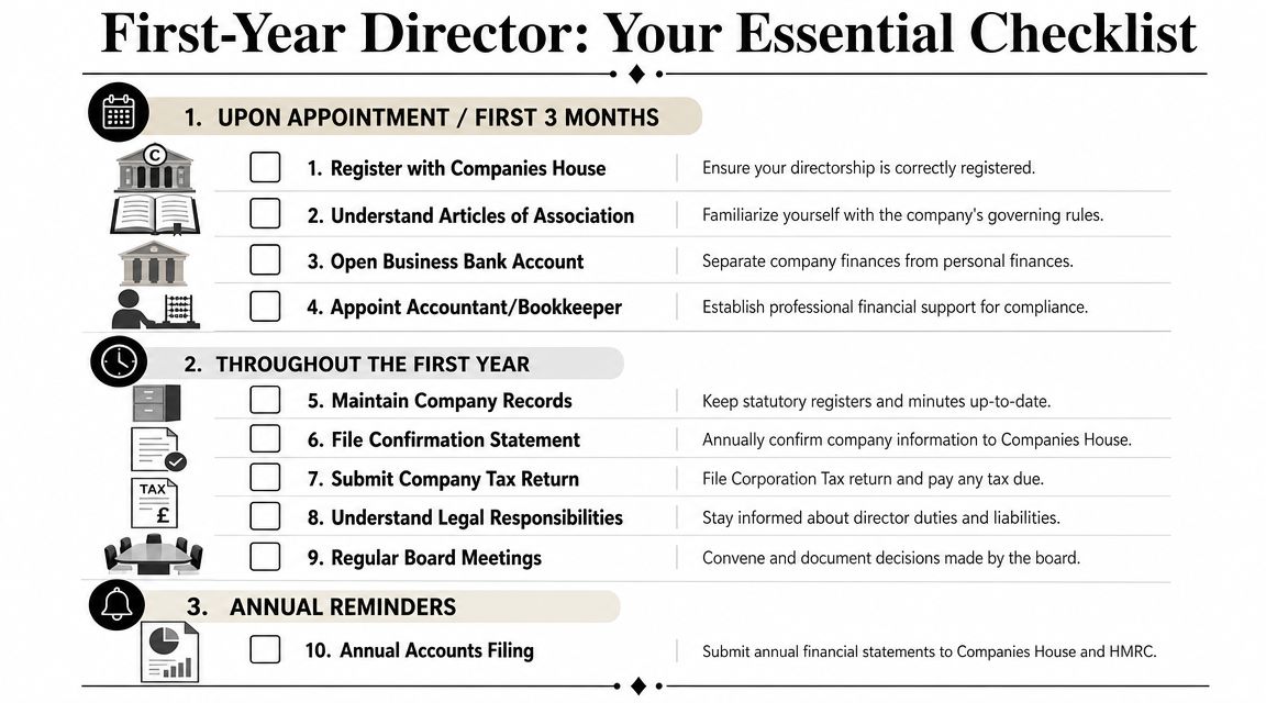 A checklist for first-year limited company directors outlining appointment, annual tasks, and ongoing responsibilities.