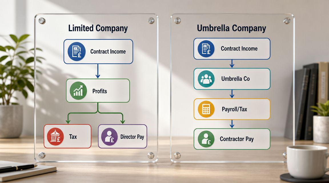 A diagram comparing the financial flow structures of a Limited Company and an Umbrella Company side by side.