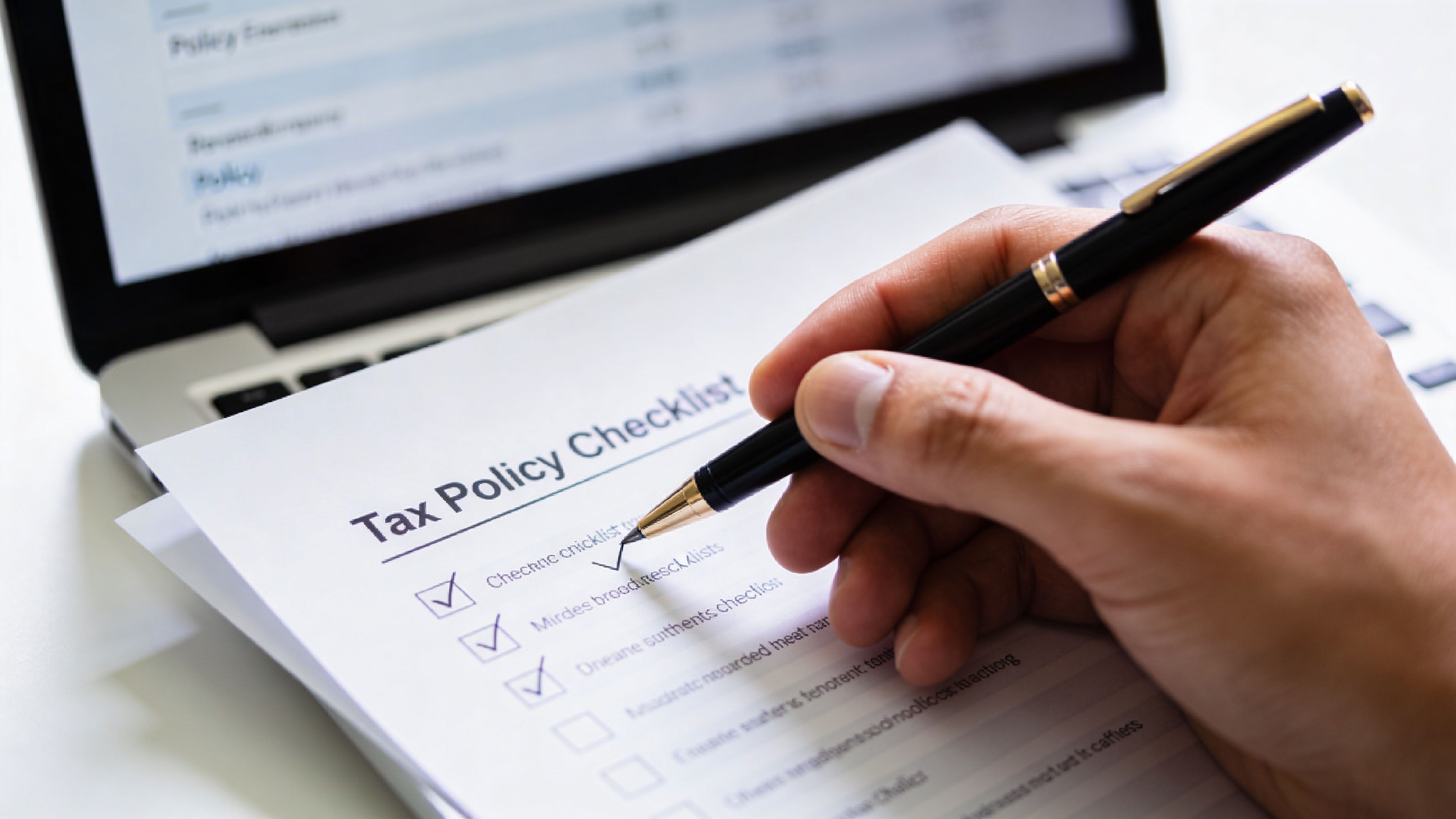 A close-up view of a hand filling out a tax policy checklist with a black pen.