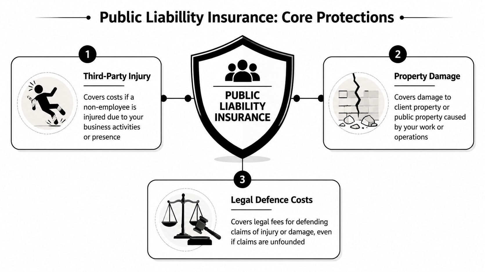 A diagram illustrating the three core protections of public liability insurance including injury, damage, and legal costs.