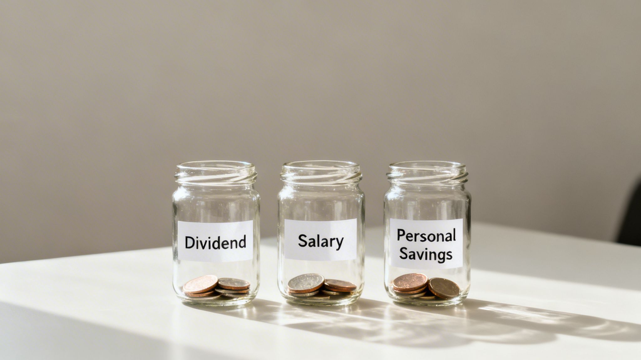 Three clear jars labeled 'Dividend', 'Salary', 'Personal Savings' with coins on a table.