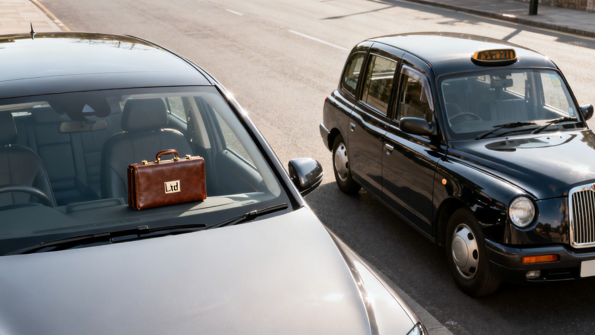 A brown briefcase labeled 'Ltd' sits on a car dashboard, with a black London taxi parked nearby.