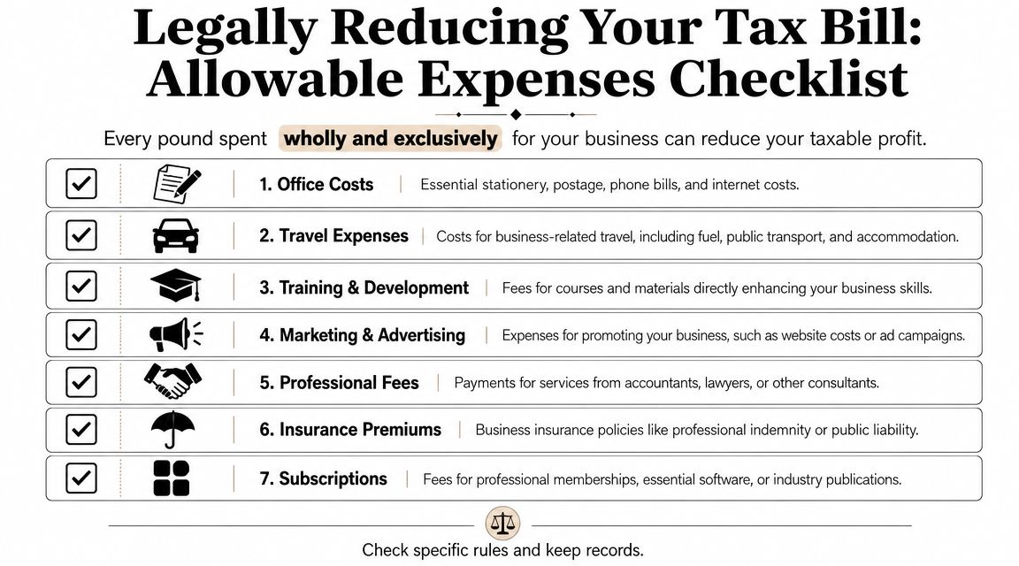 A checklist infographic titled Legally Reducing Your Tax Bill displaying seven allowable business expense categories.