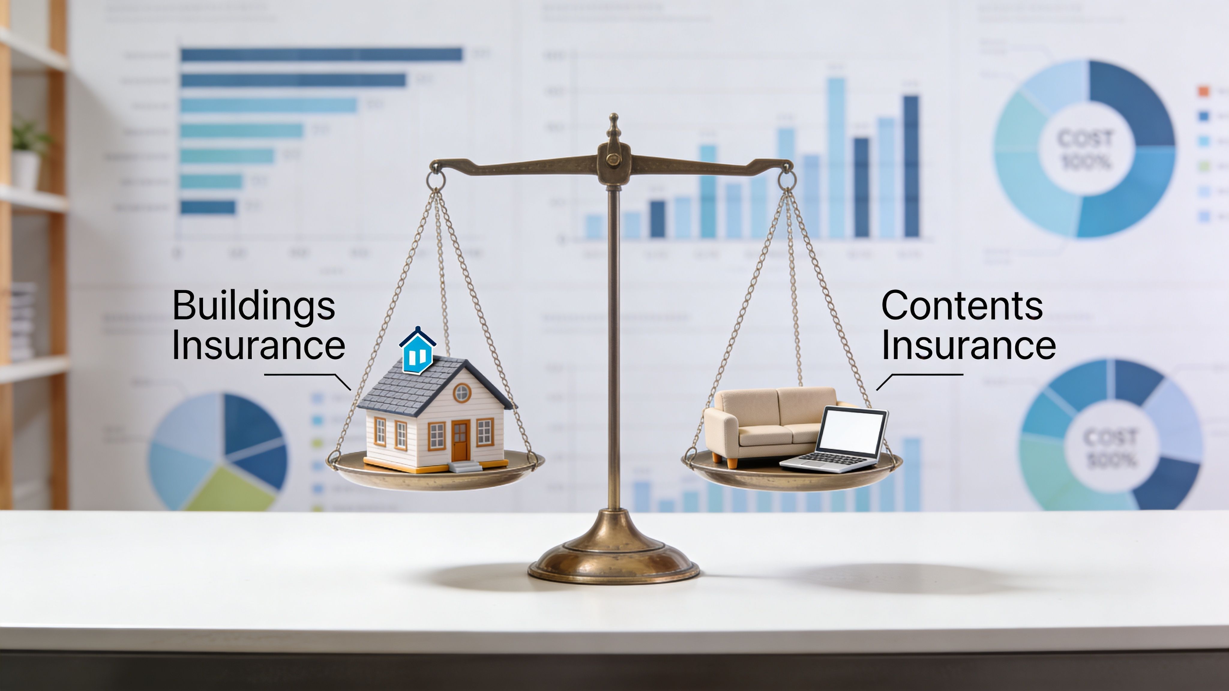 A balanced scale comparing buildings insurance and contents insurance with a house model and furniture icons.