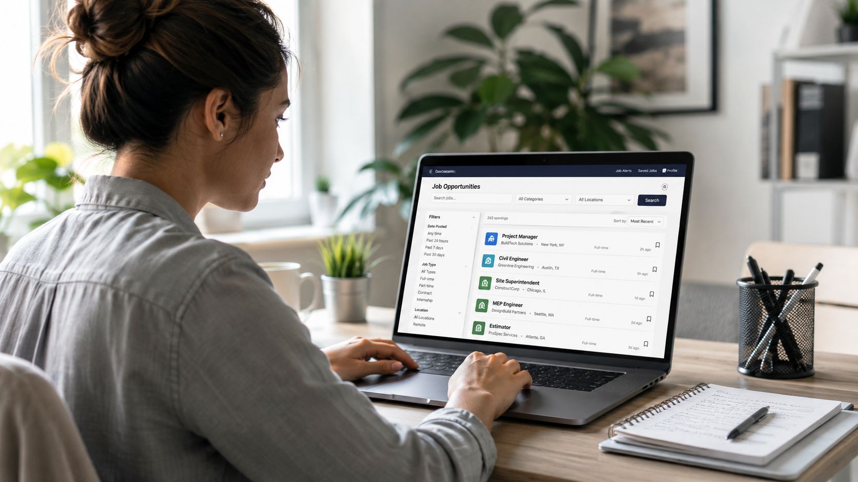 A professional woman using a laptop to search for construction job opportunities on a digital platform.