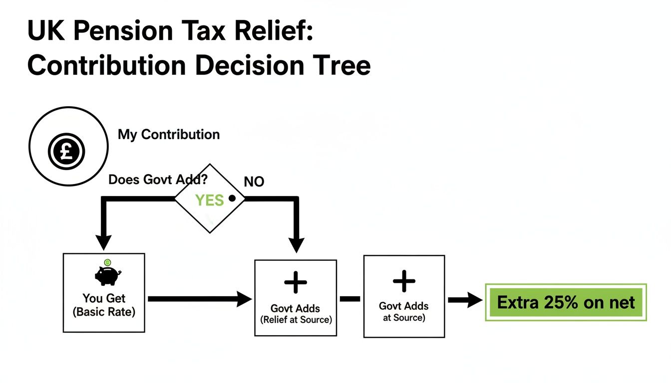Detailed flowchart explaining the UK pension tax relief and contribution decision tree for government adds.