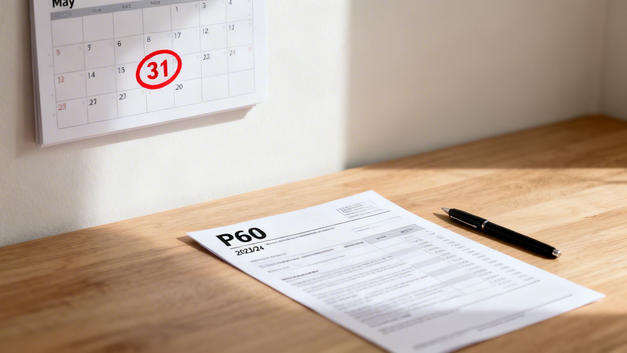 P60 tax form and pen on a wooden desk, with a calendar showing May 31st circled in red, highlighting a deadline.