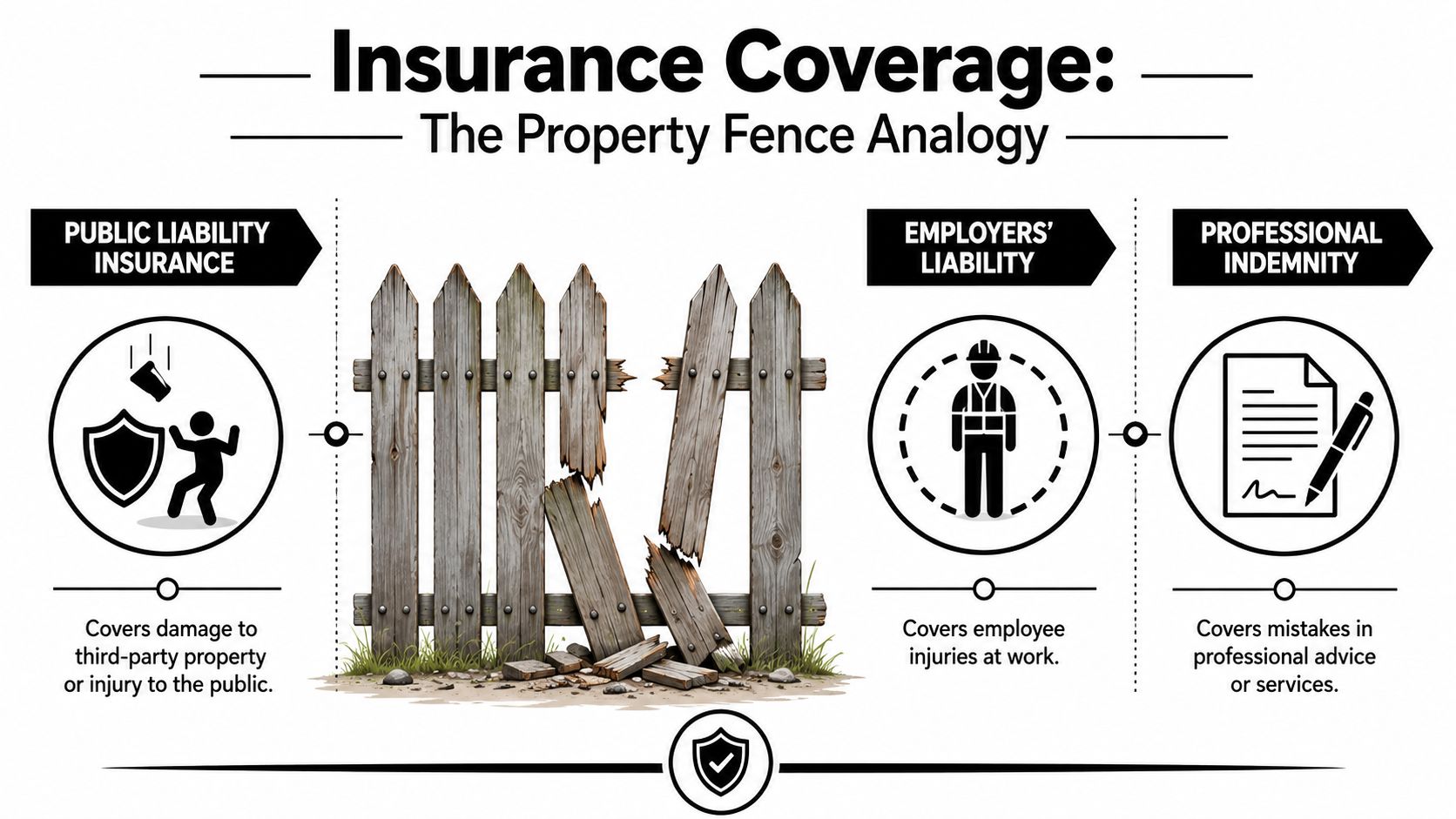 An infographic explaining different types of insurance coverage using a broken fence as a visual analogy.