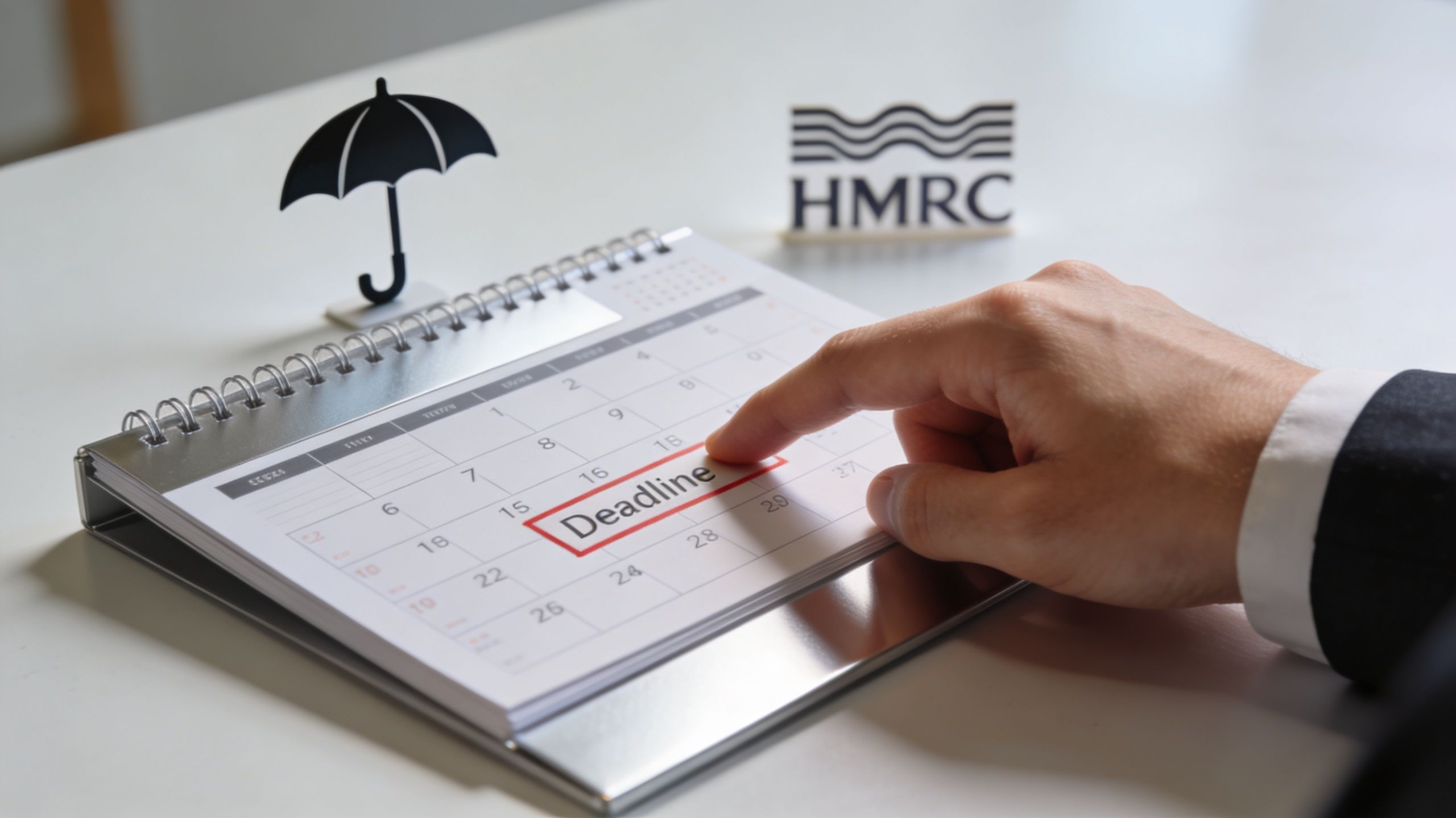 A person pointing to a deadline date on a desktop calendar near an HMRC sign and umbrella.