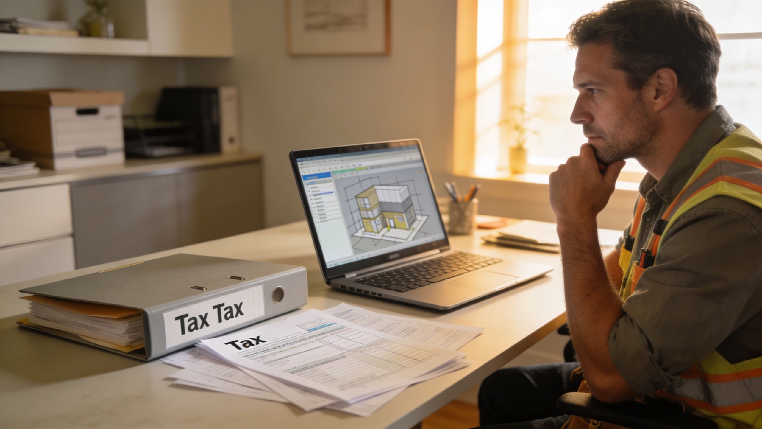 A construction professional sitting at a desk reviewing tax documents and a building model on a laptop.