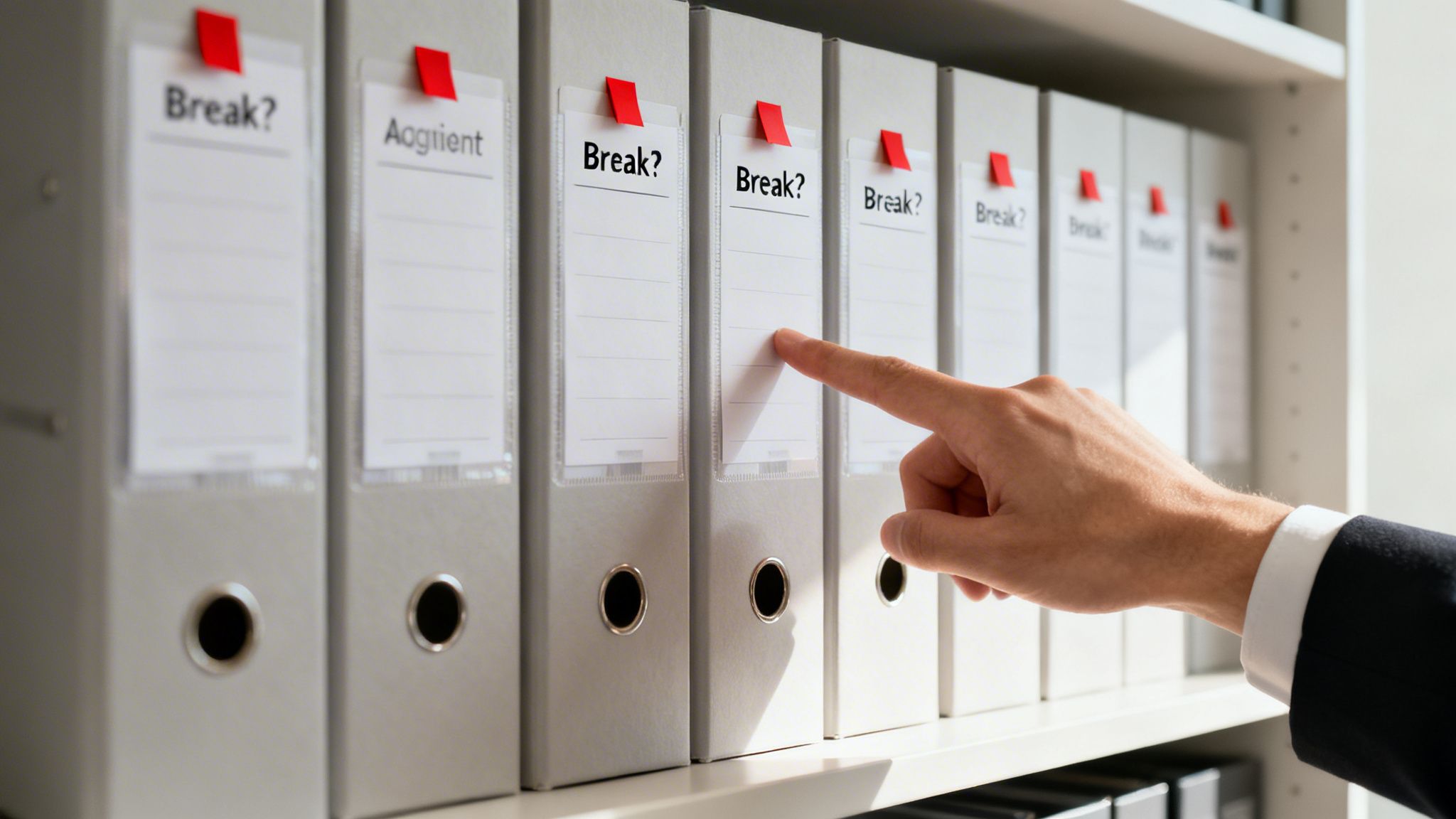 A man's hand points to gray office binders on a shelf, with red tabs and labels.