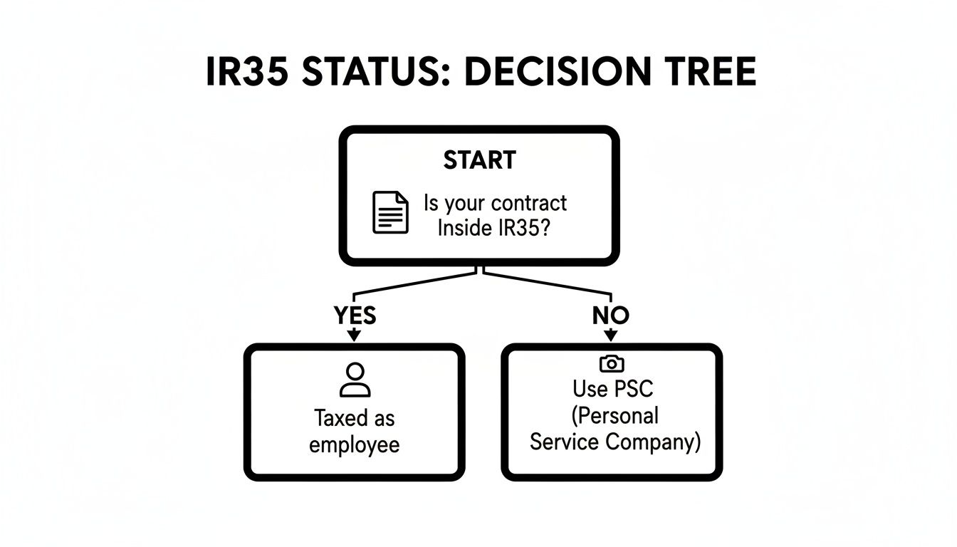Decision tree for IR35 status, guiding on contract assessment and employment taxation or PSC use.