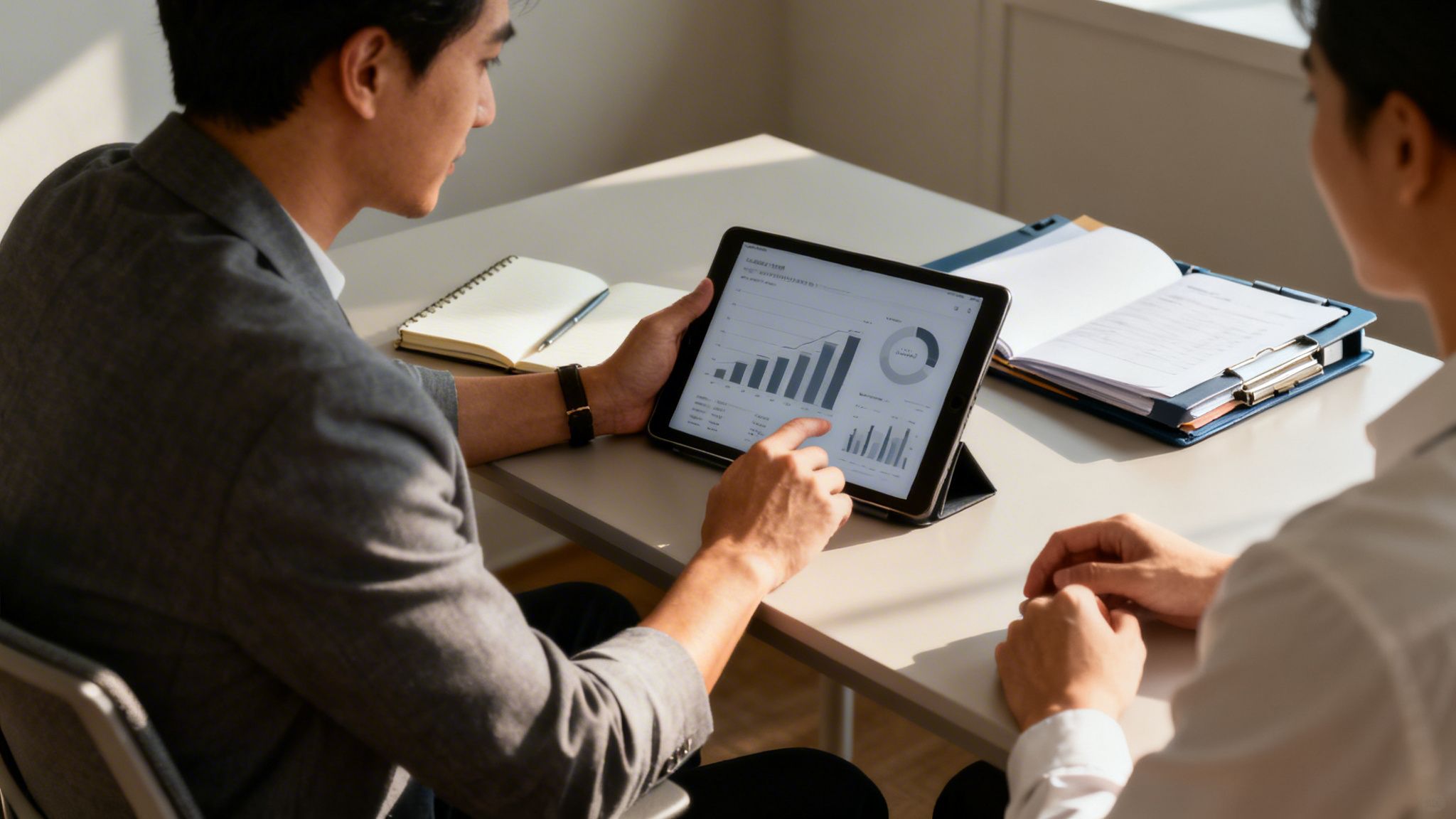 Two professionals review business data on a tablet, discussing financial reports in an office.