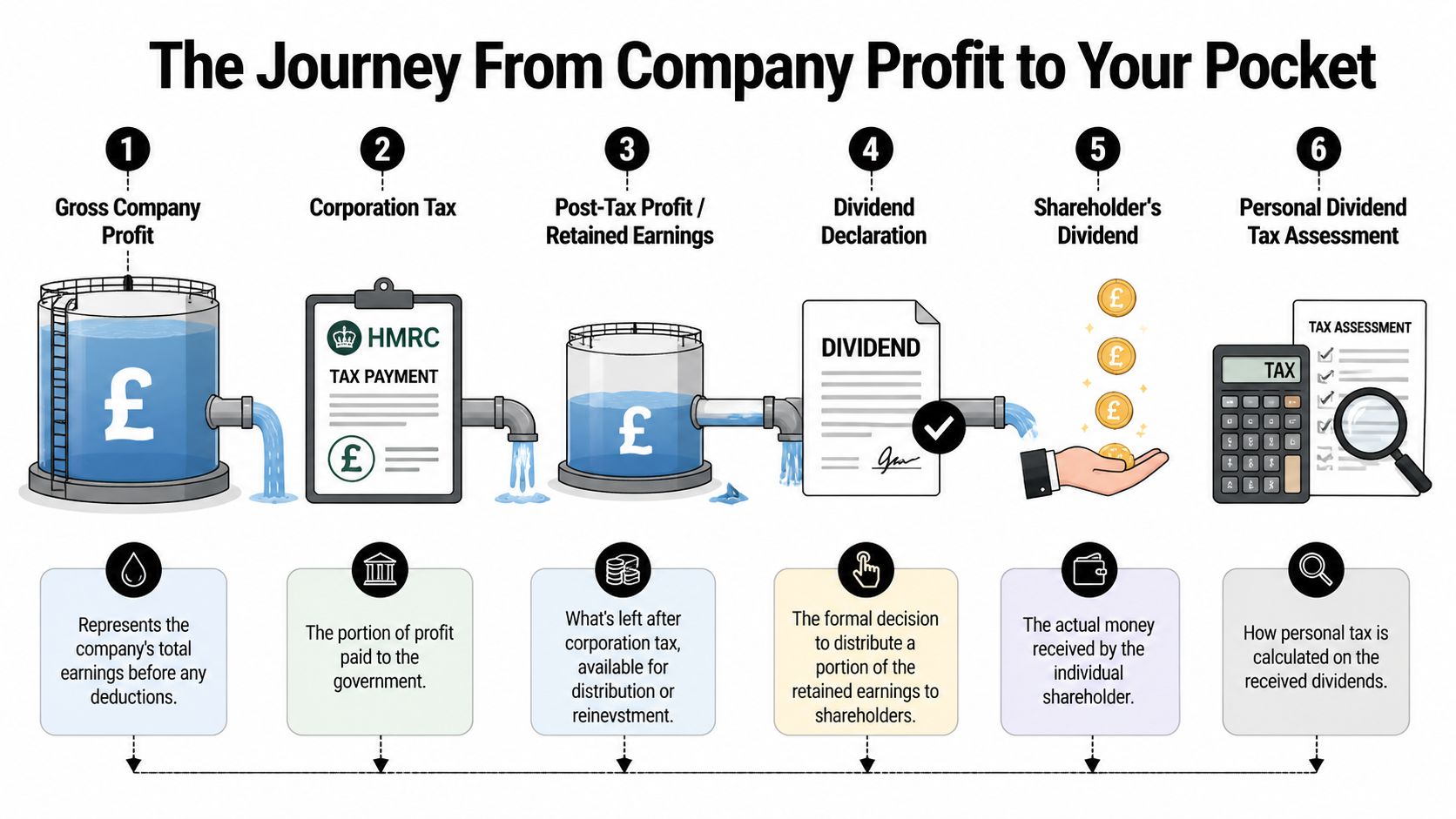 An infographic showing the six steps from gross company profit to receiving personal dividend payments.
