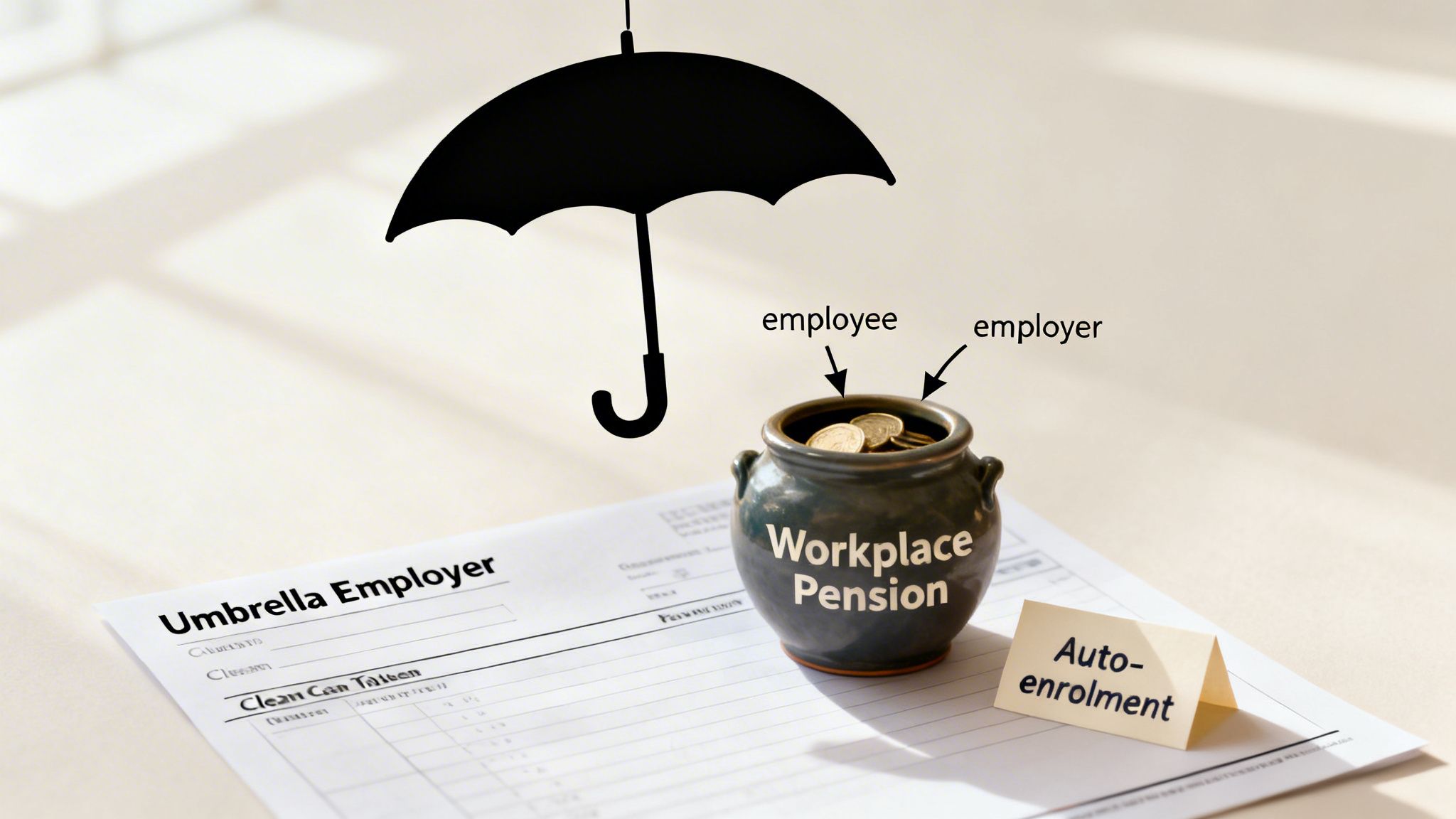 Workplace pension pot with employee and employer contributions under an umbrella employer scheme.