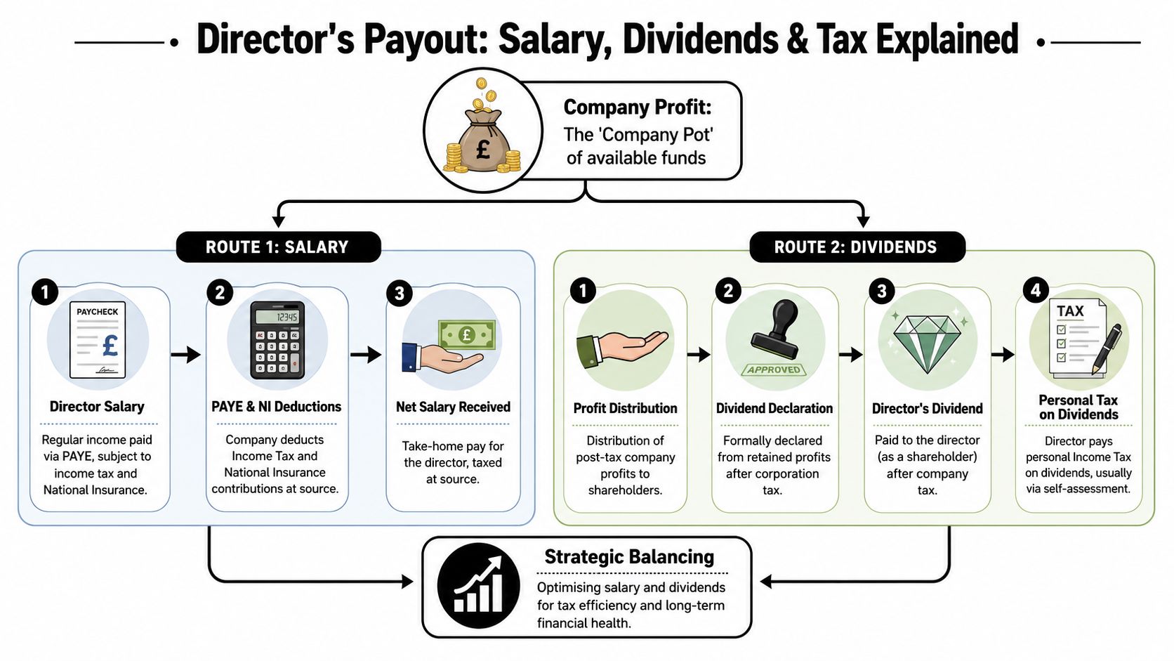 A flowchart explaining how company directors can extract money through salary or dividends for tax efficiency.