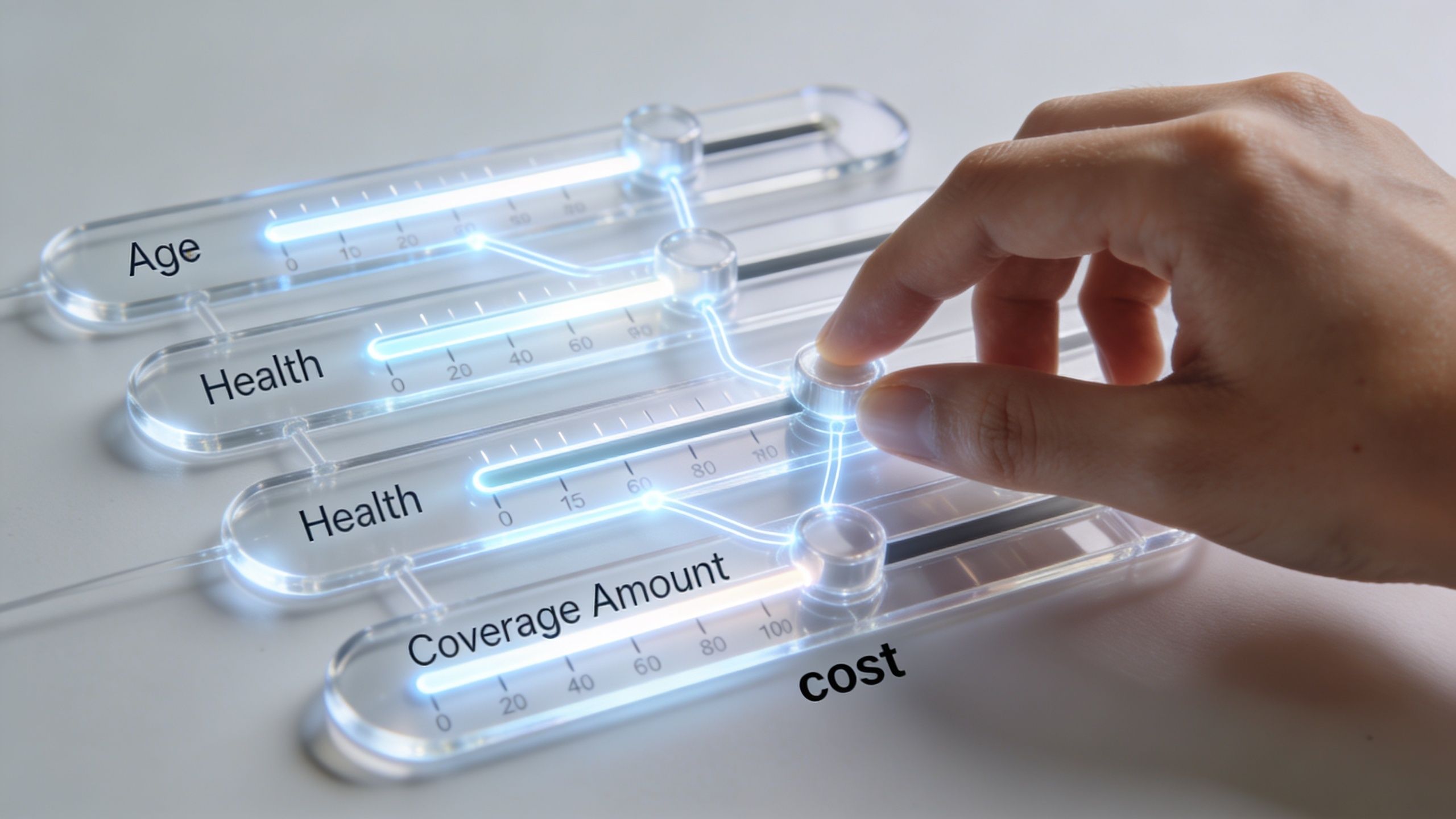A hand interacting with a digital slider interface adjusting personal attributes for insurance calculation purposes.