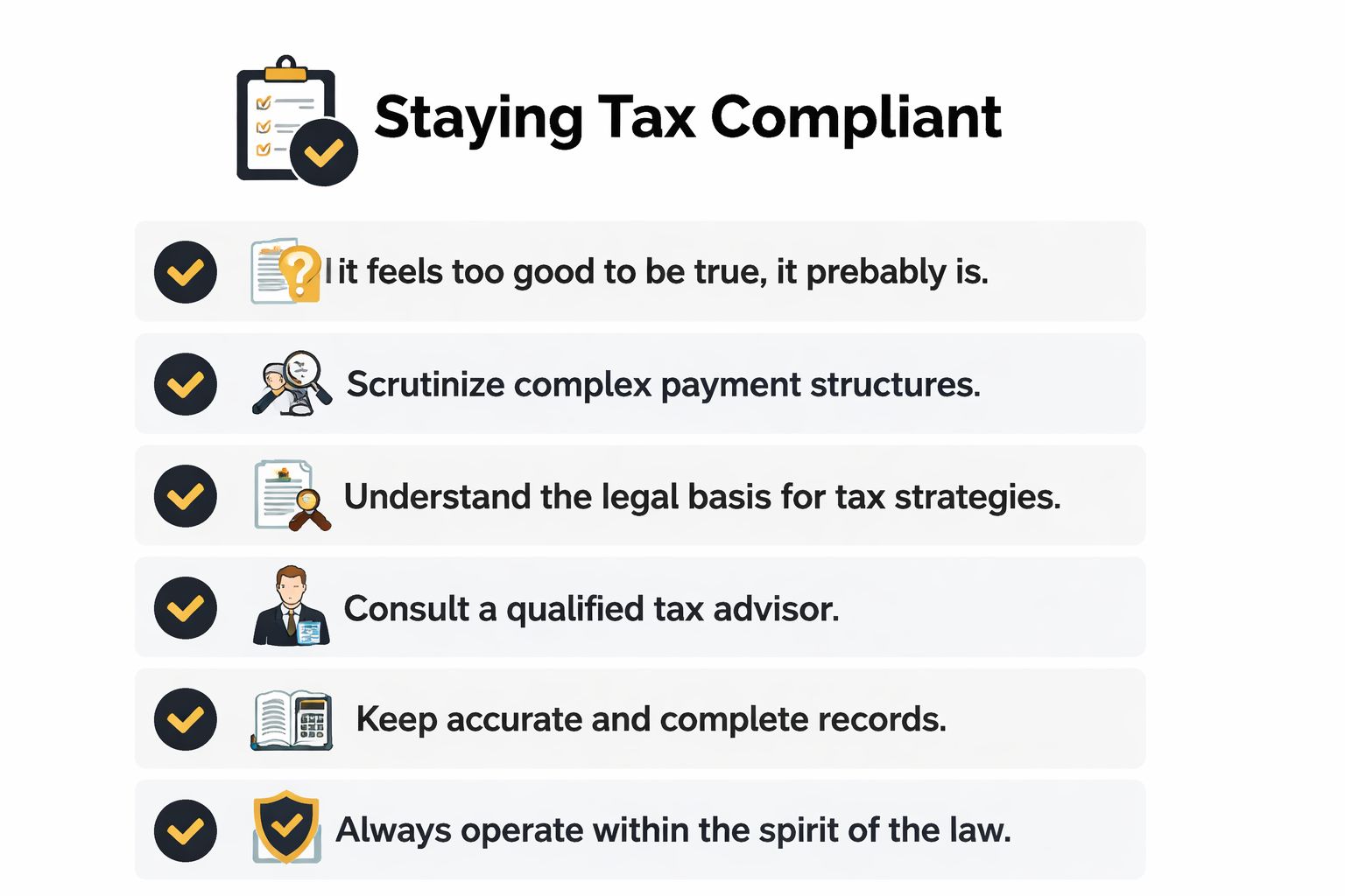 A checklist infographic titled Staying Tax Compliant featuring six essential tips for legal and honest tax practices.