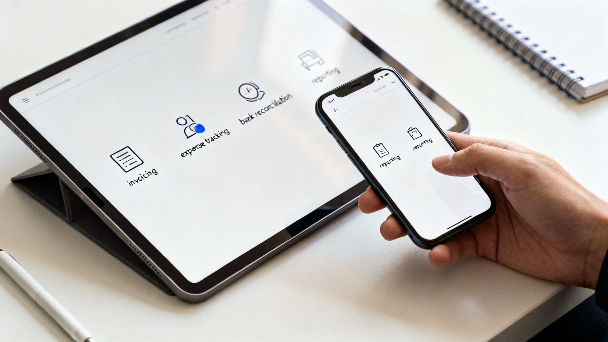 A person uses a smartphone and tablet displaying business accounting software features.