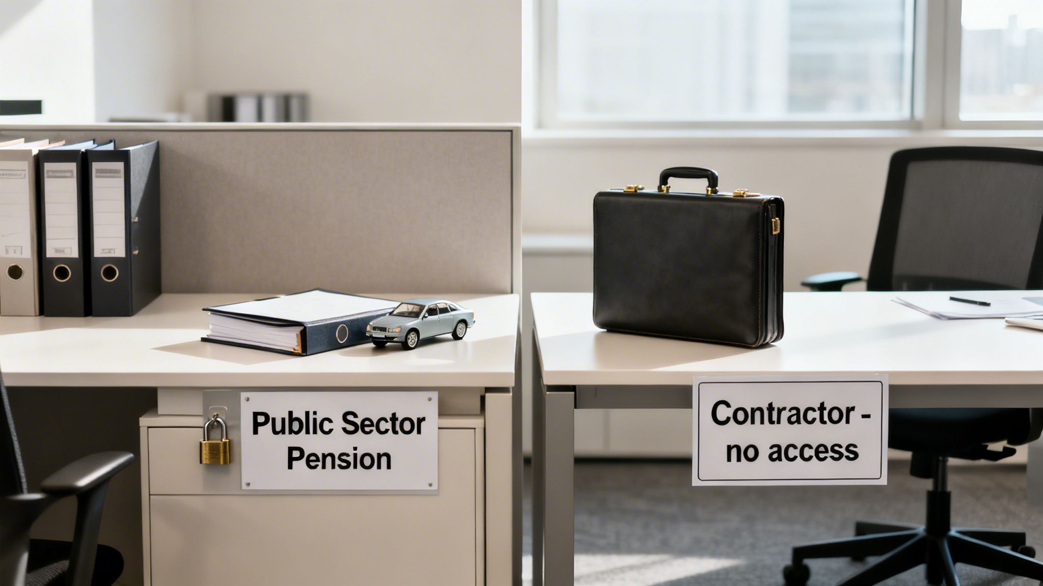 Two office desks contrasting a public sector pension with a contractor's lack of access to benefits.