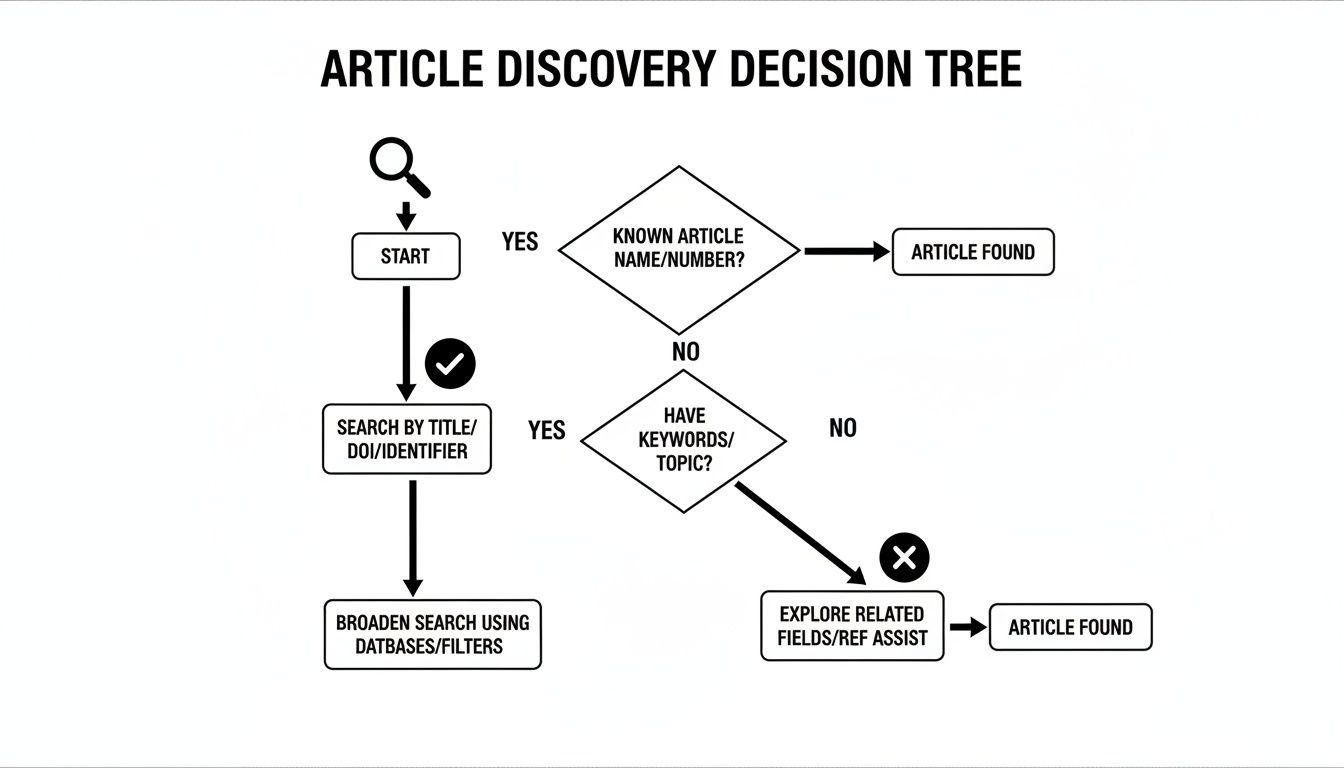 A flowchart titled 'Article Discovery Decision Tree' showing steps to find articles based on known names or keywords.
