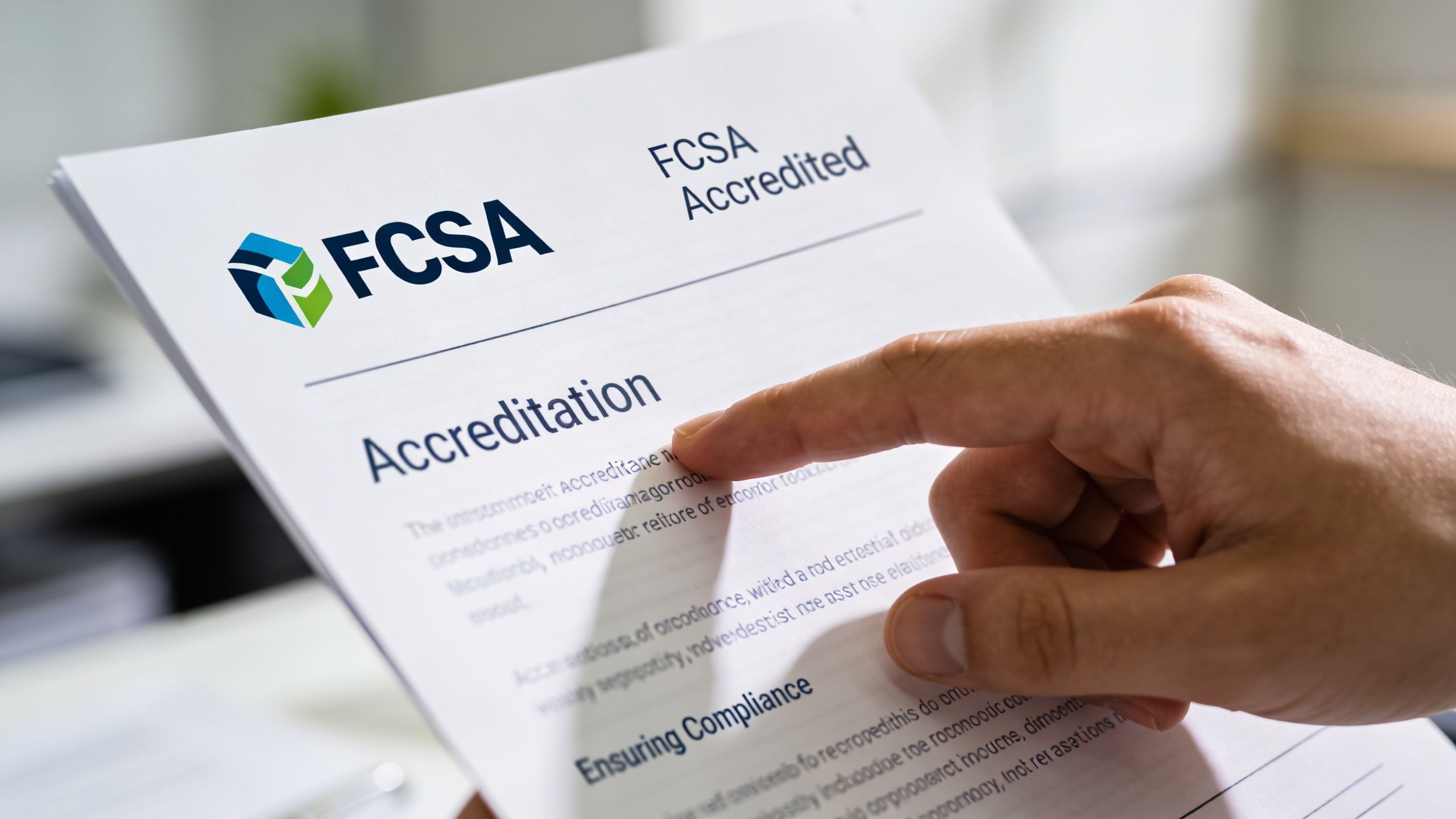 A close-up view of a person pointing to a document titled FCSA Accredited, emphasizing professional compliance.