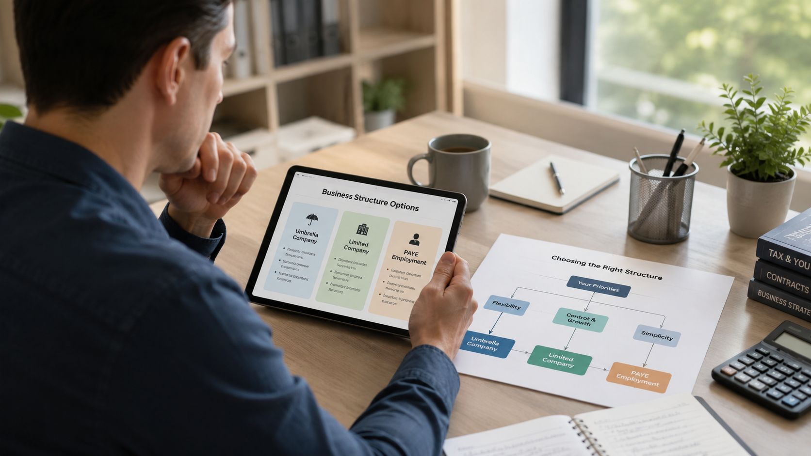 A professional man reviews a digital tablet displaying business structure options while consulting paper flowcharts at his desk.