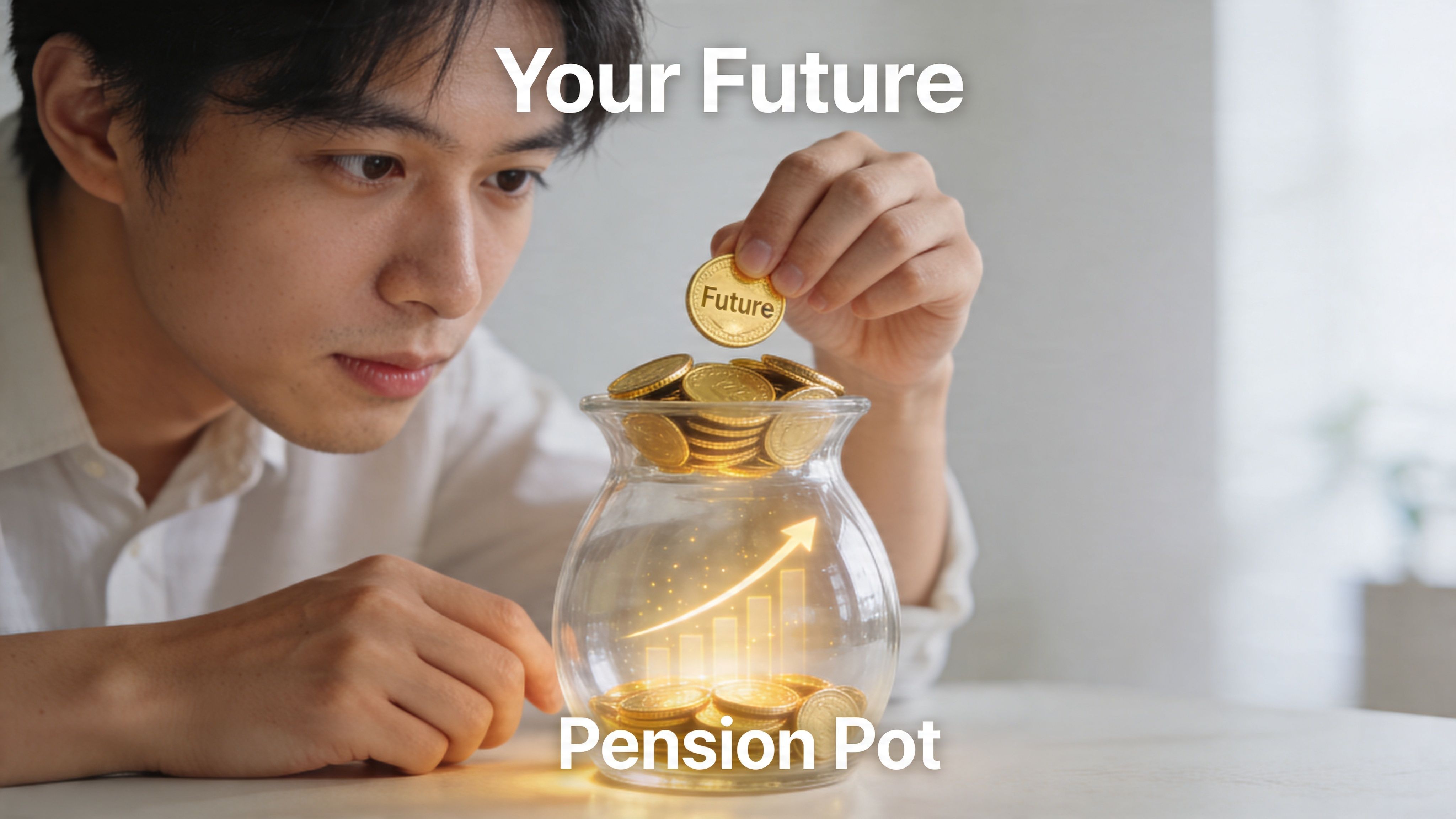 A young man carefully places a gold coin labeled Future into a glass jar filled with coins.