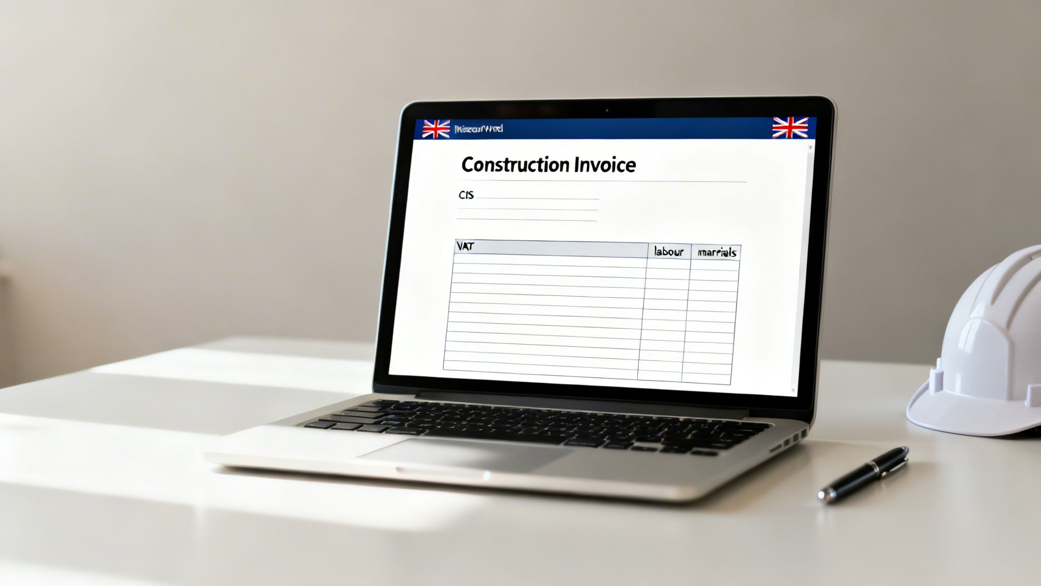 A laptop displaying a UK construction invoice template, with a hard hat and pen on a white desk.