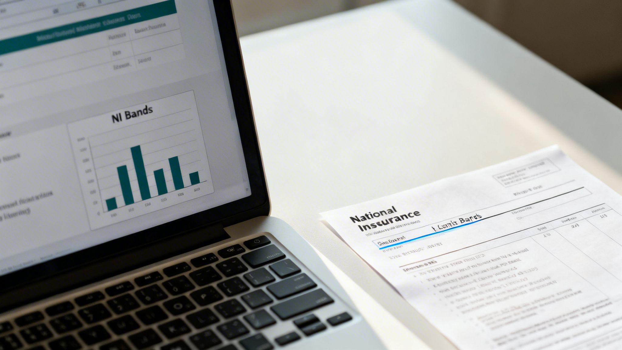 A laptop screen showing 'NI Bands' chart next to a 'National Insurance' document on a desk.