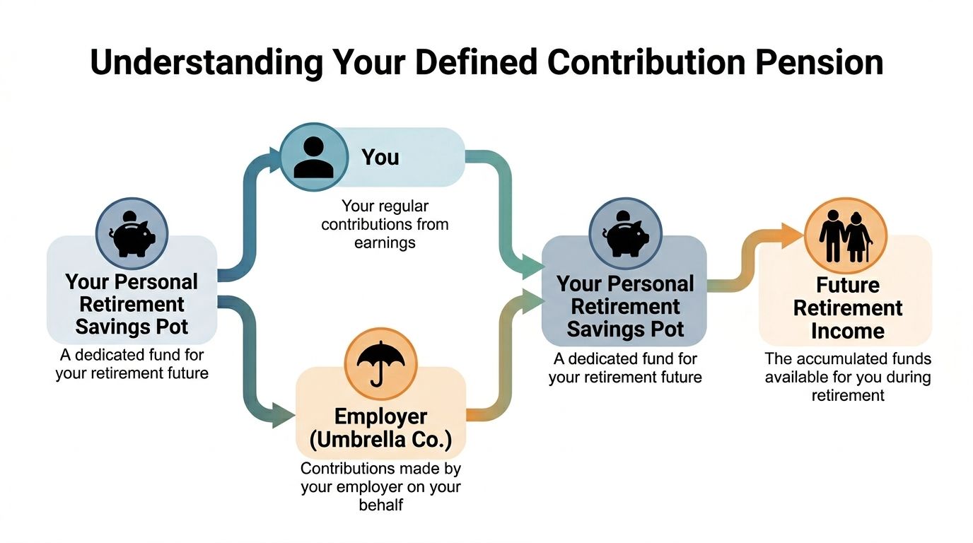 A diagram illustrating how employee and employer contributions build a personal retirement savings pot for future income.