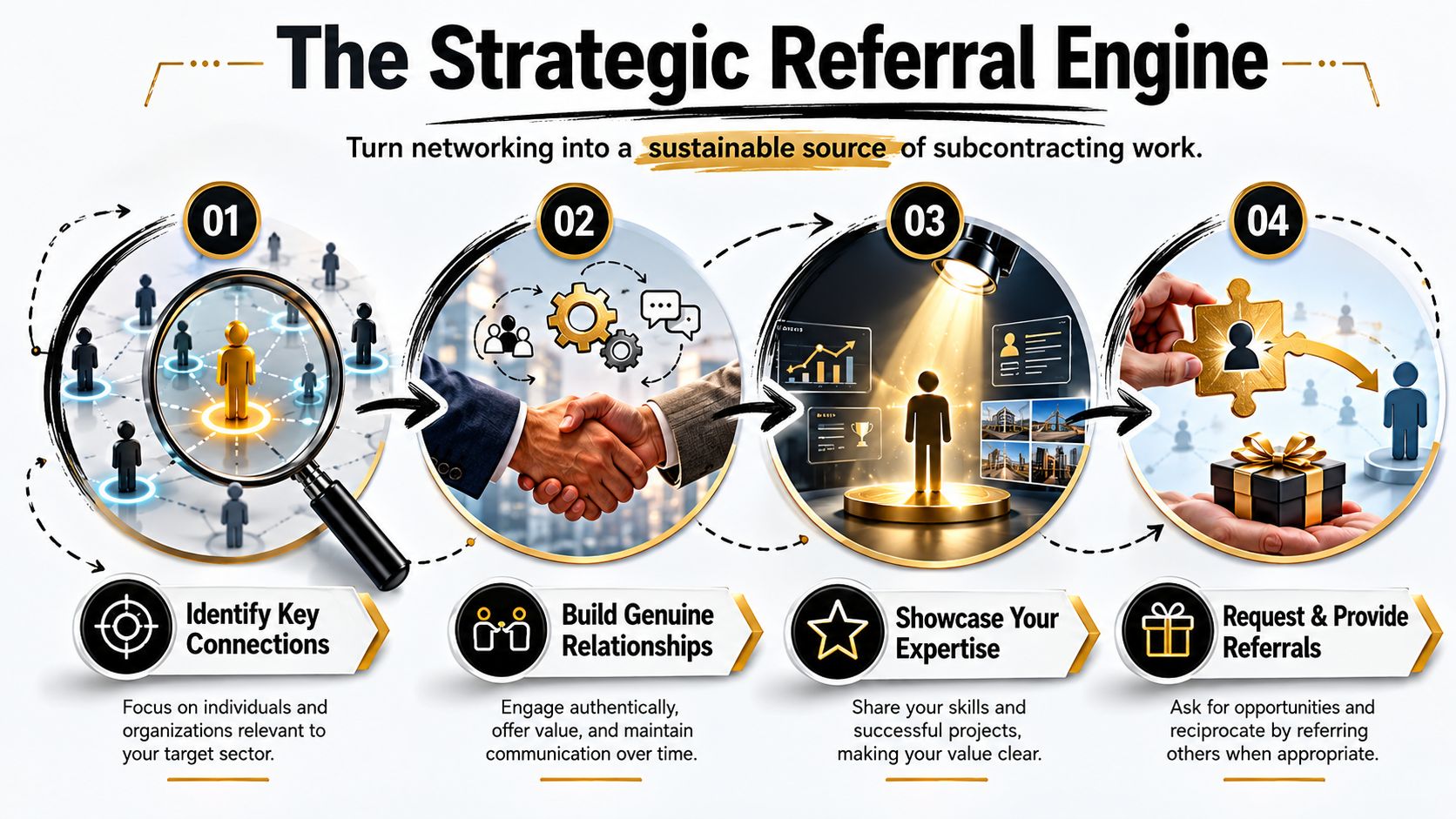 A four-step infographic illustrating a strategic referral engine process to secure subcontracting work through networking.