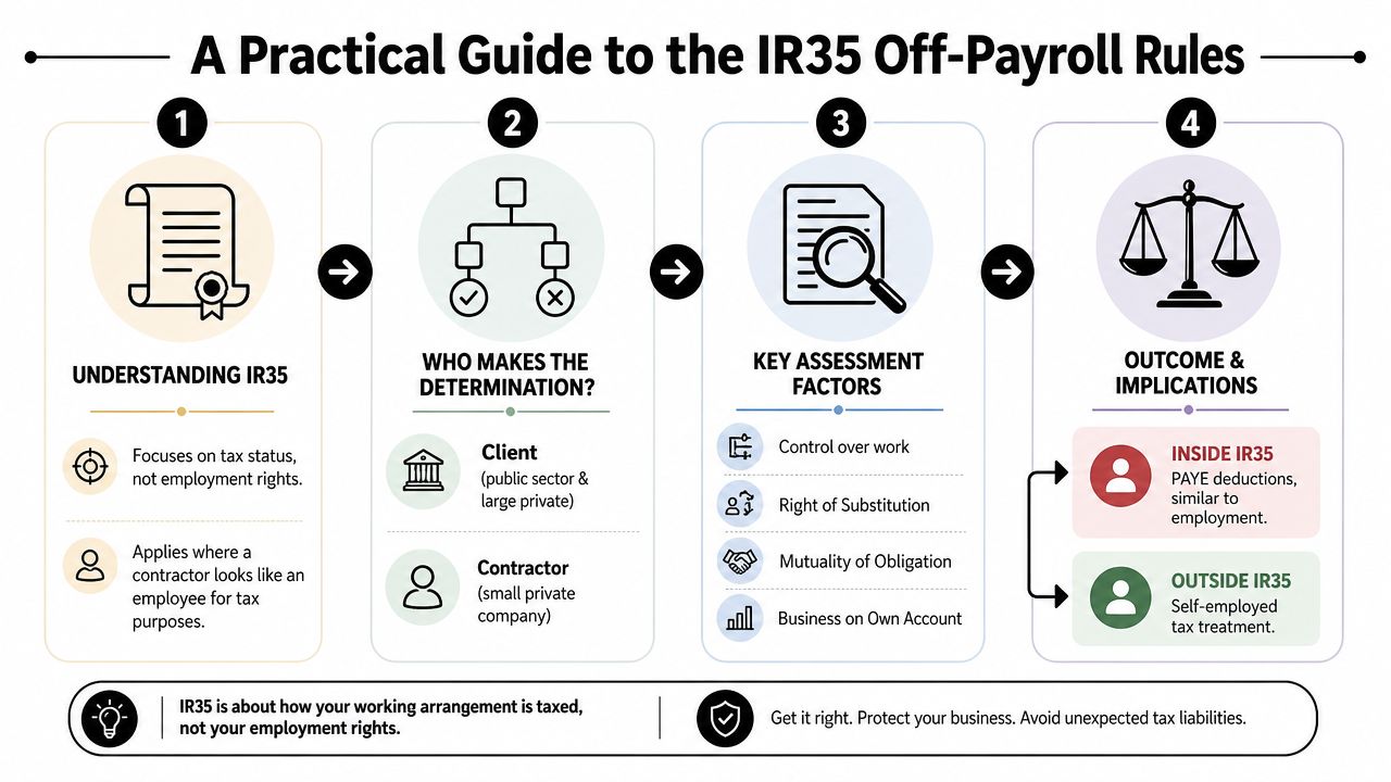 A four-step infographic guide explaining the IR35 off-payroll tax rules for contractors and businesses.