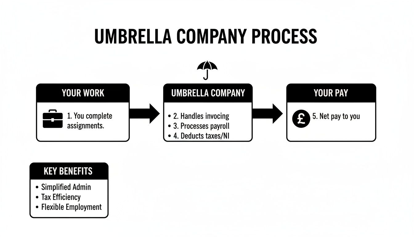 Flowchart illustrating the Umbrella Company process, showing work, company functions, pay, and key benefits.