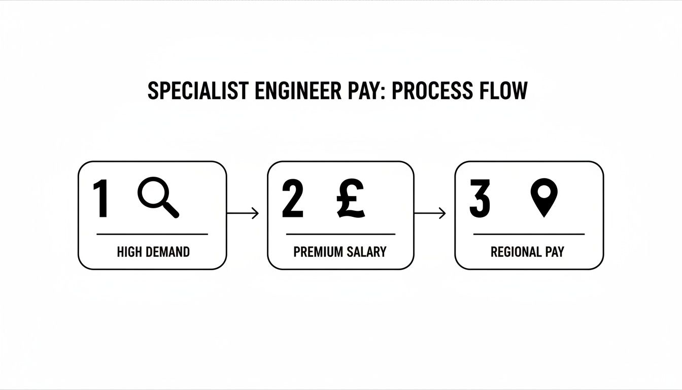 Flowchart illustrating specialist engineer pay, detailing factors like high demand, premium salary, and regional pay.