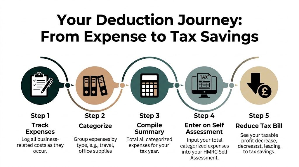 A five-step infographic showing the process for tracking expenses to reduce tax bills for self-employed individuals.