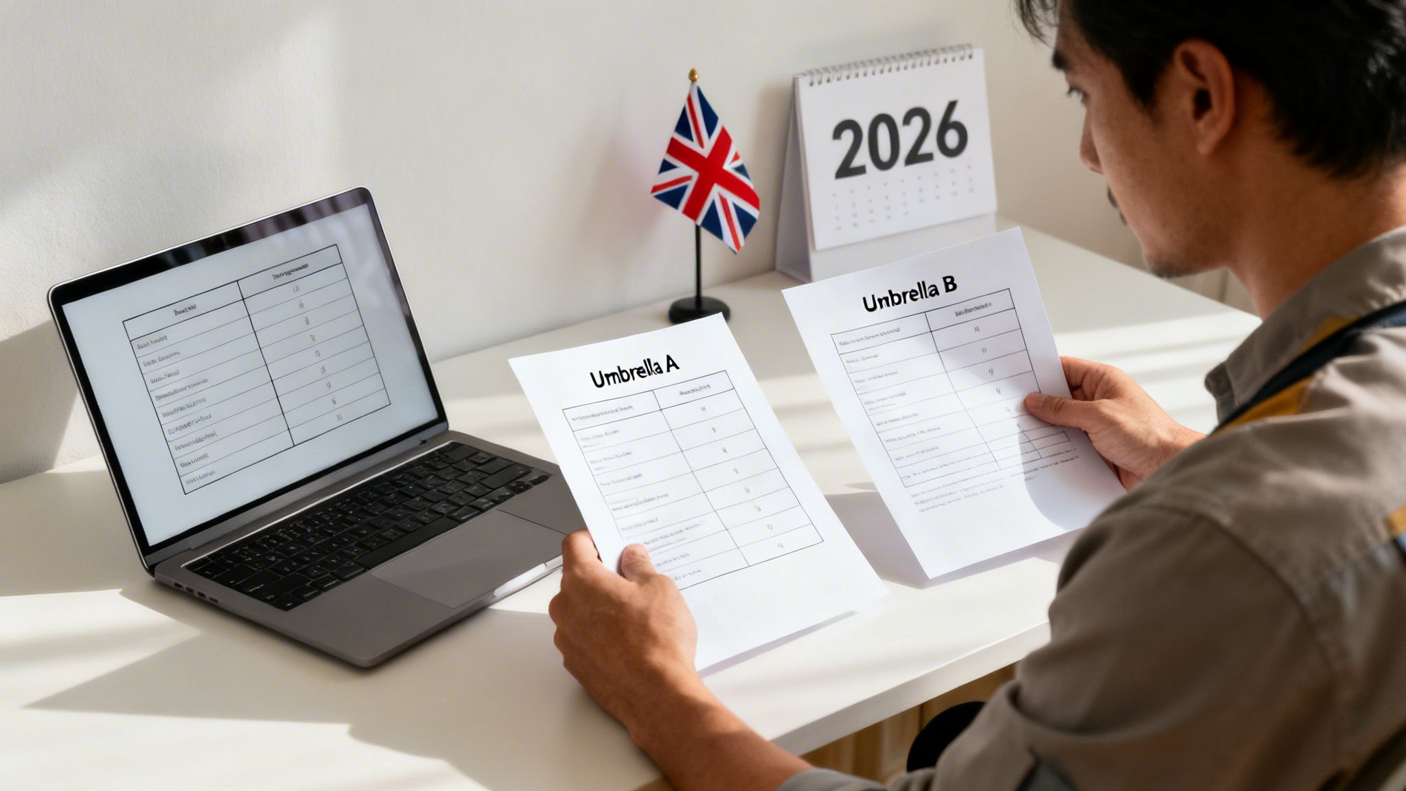 Man compares 'Umbrella A' and 'Umbrella B' documents with a laptop and UK flag.