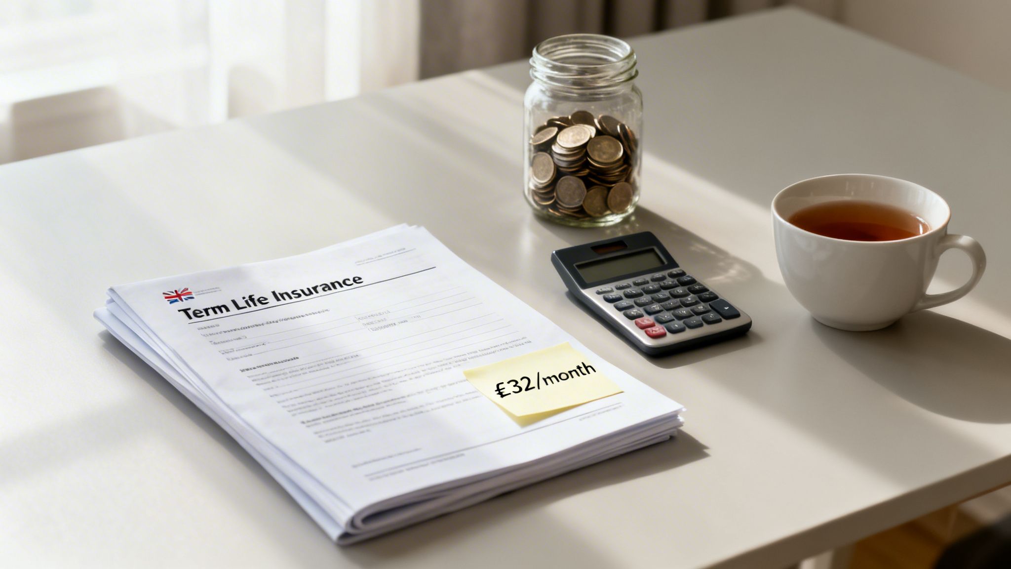 Desk with term life insurance documents, a calculator, a jar of coins, and a cup of tea, with '£32/month' noted.