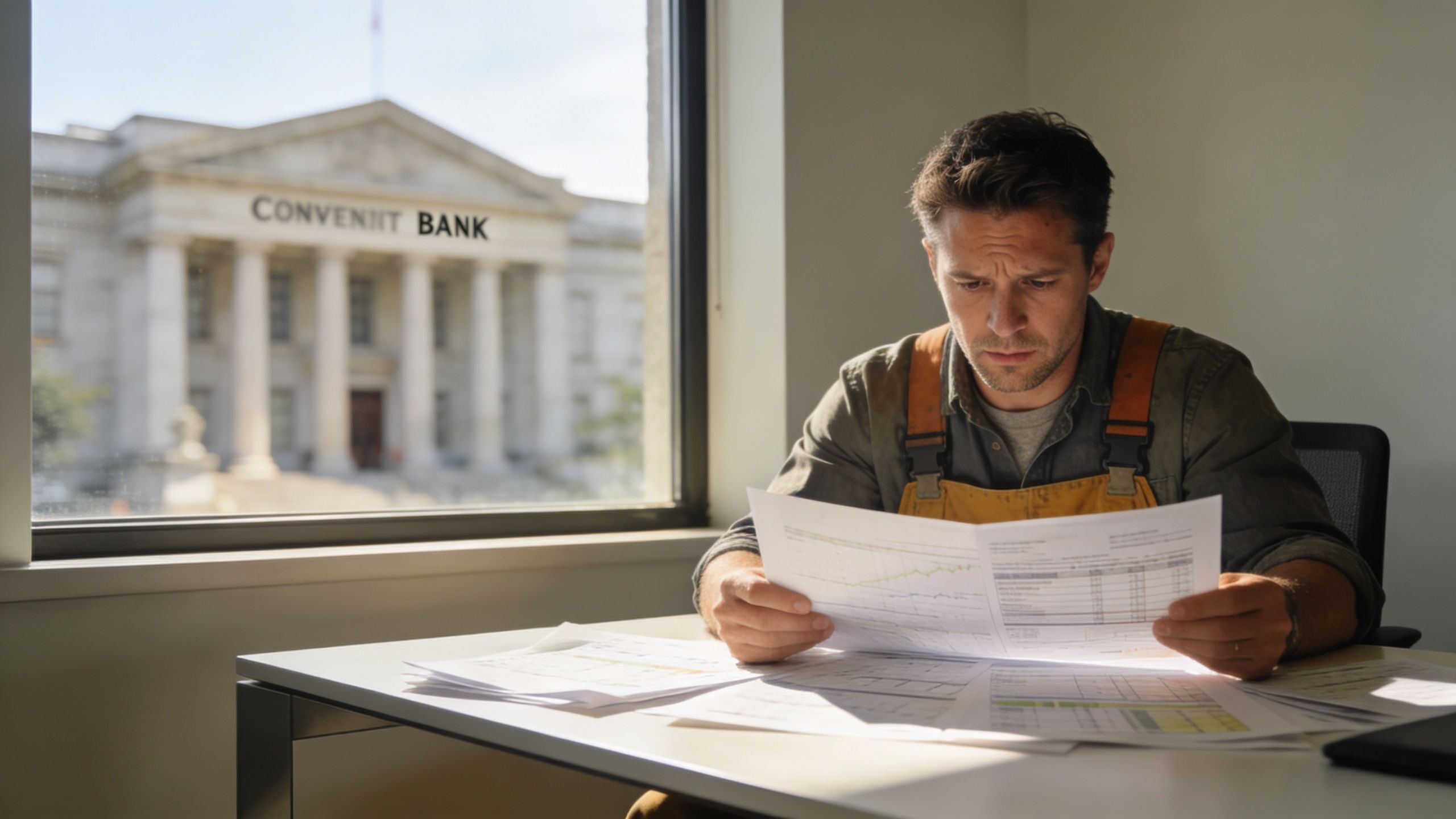 A focused self-employed construction worker reviewing financial documents in an office overlooking a bank building.