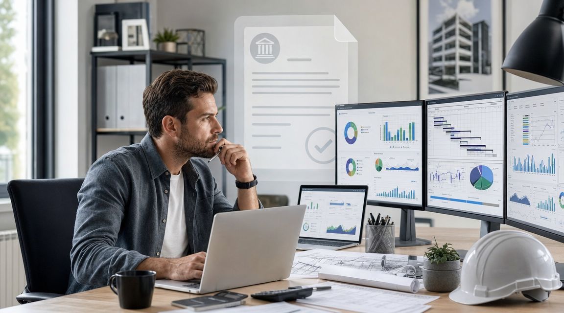 A focused man works at his desk with multiple computer monitors showing financial charts and data.