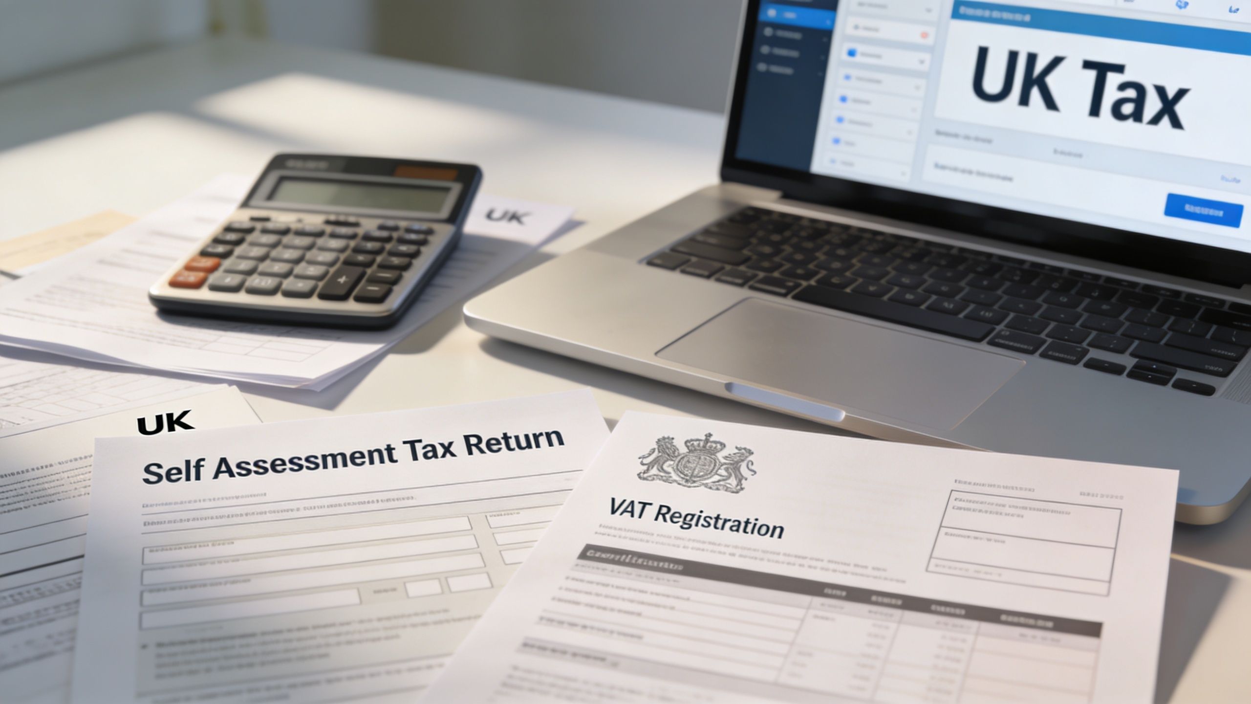 A laptop showing UK tax software alongside a calculator, self assessment form, and VAT registration documents on a desk.