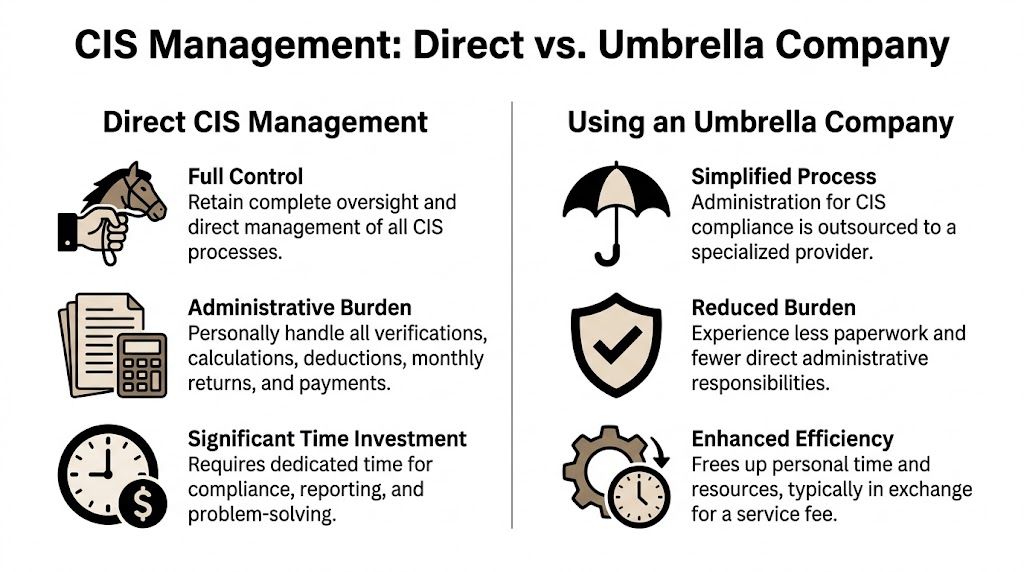 A comparison chart outlining the pros and cons of direct CIS management versus using an umbrella company service.