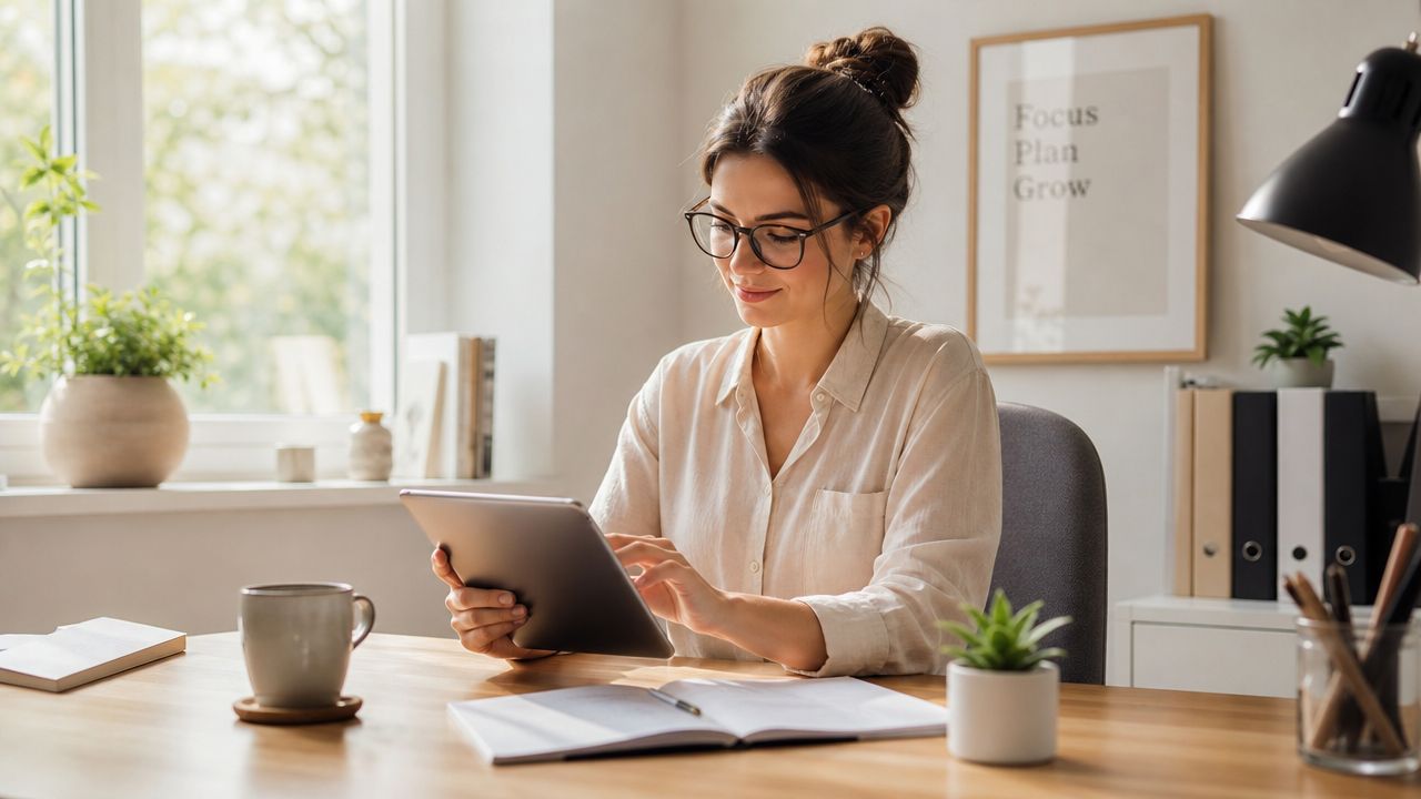 A professional woman wearing glasses using a tablet while sitting at a tidy desk in an office.