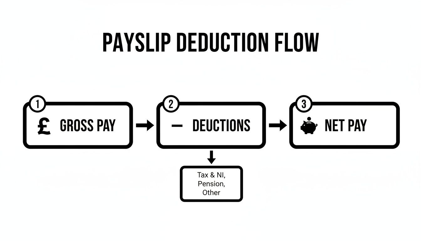 Diagram illustrating the payslip deduction flow from gross pay, through deductions, to net pay, including tax and pension.
