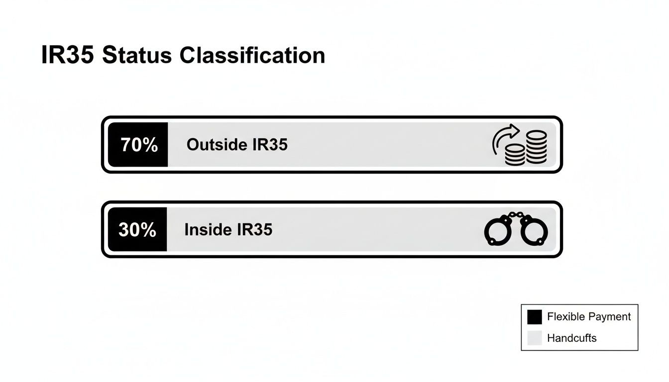 IR35 Status Classification chart showing 70% Outside IR35 with flexible payment, and 30% Inside IR35 with handcuffs.
