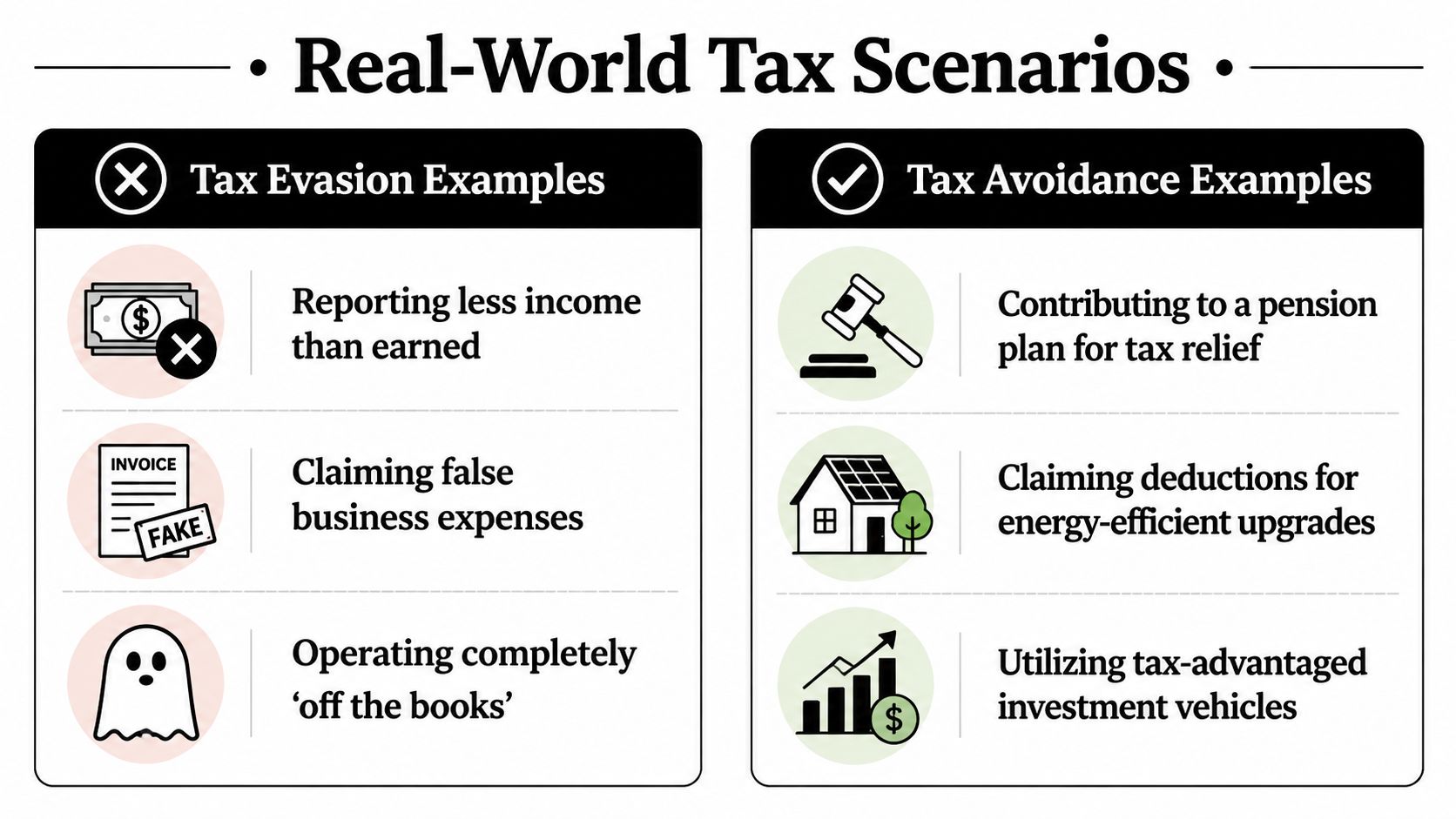 A comparison chart showing examples of illegal tax evasion versus legal tax avoidance strategies.
