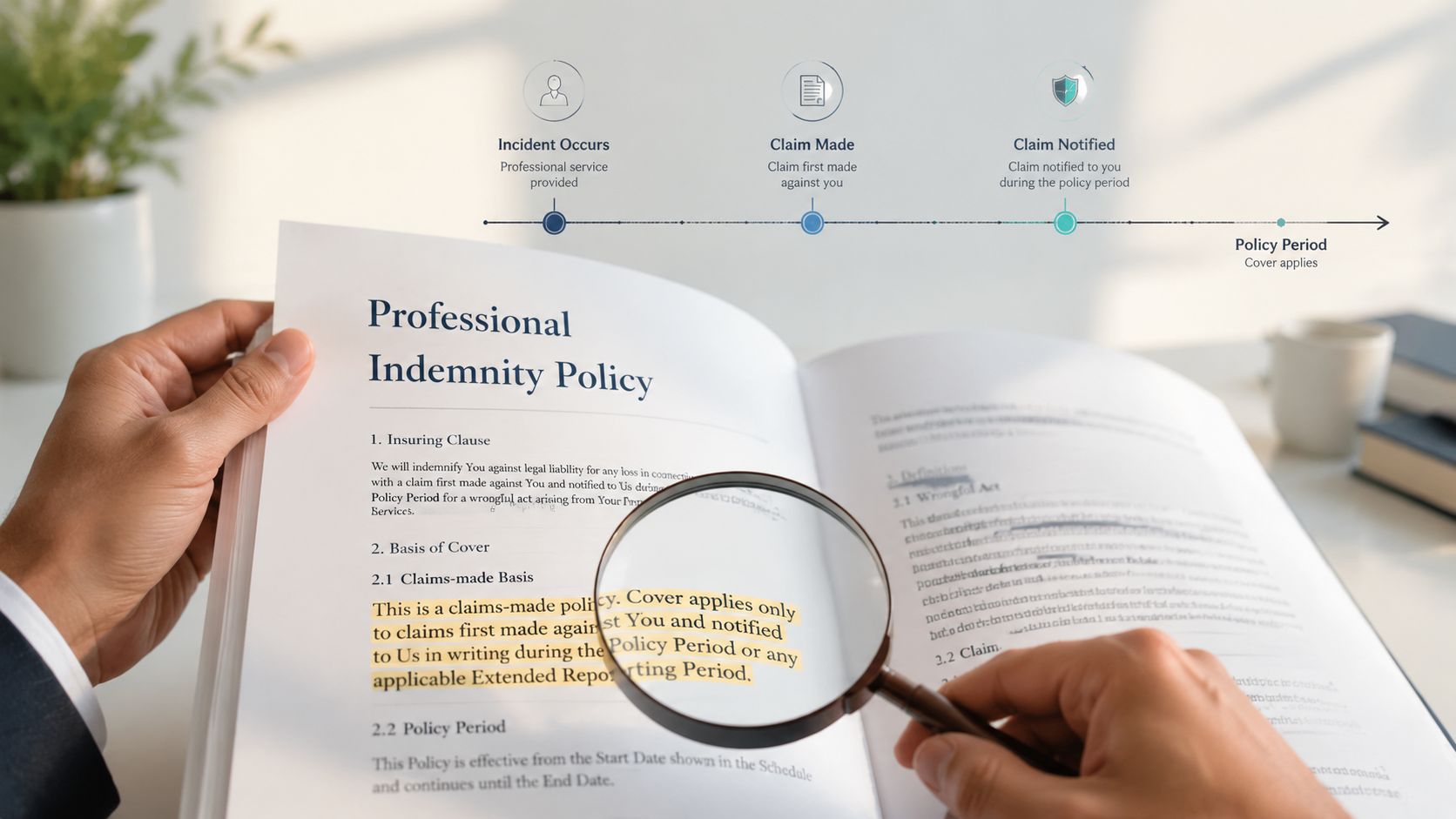A professional examines a professional indemnity policy document using a magnifying glass to read insurance coverage terms.