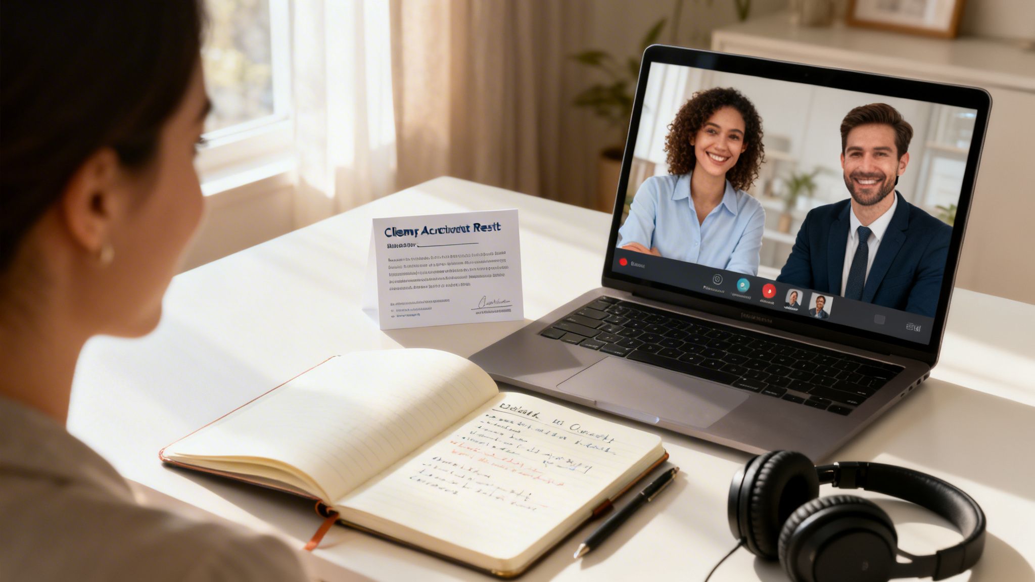 A person attends an online video call with two smiling professionals on a laptop, with a notebook and headphones on the desk.