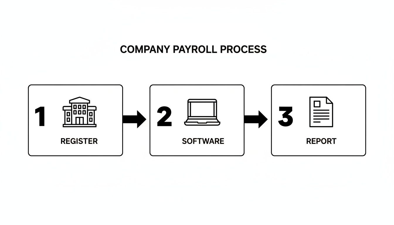 A three-step company payroll process diagram showing register, software, and report stages sequentially.
